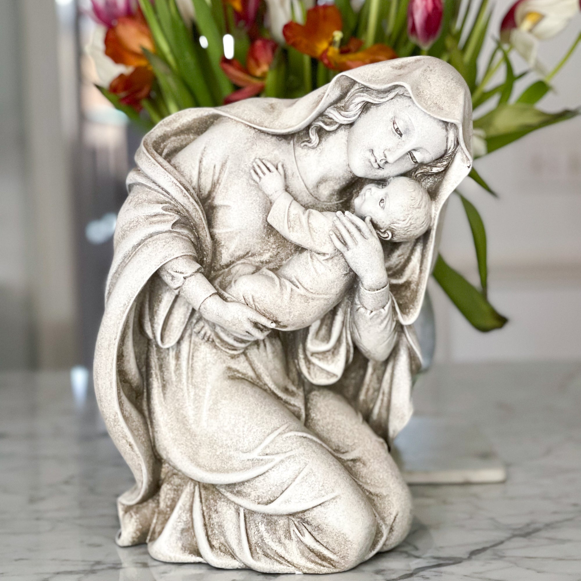 Kneeling Madonna & Child Garden Statue - 13.5"
