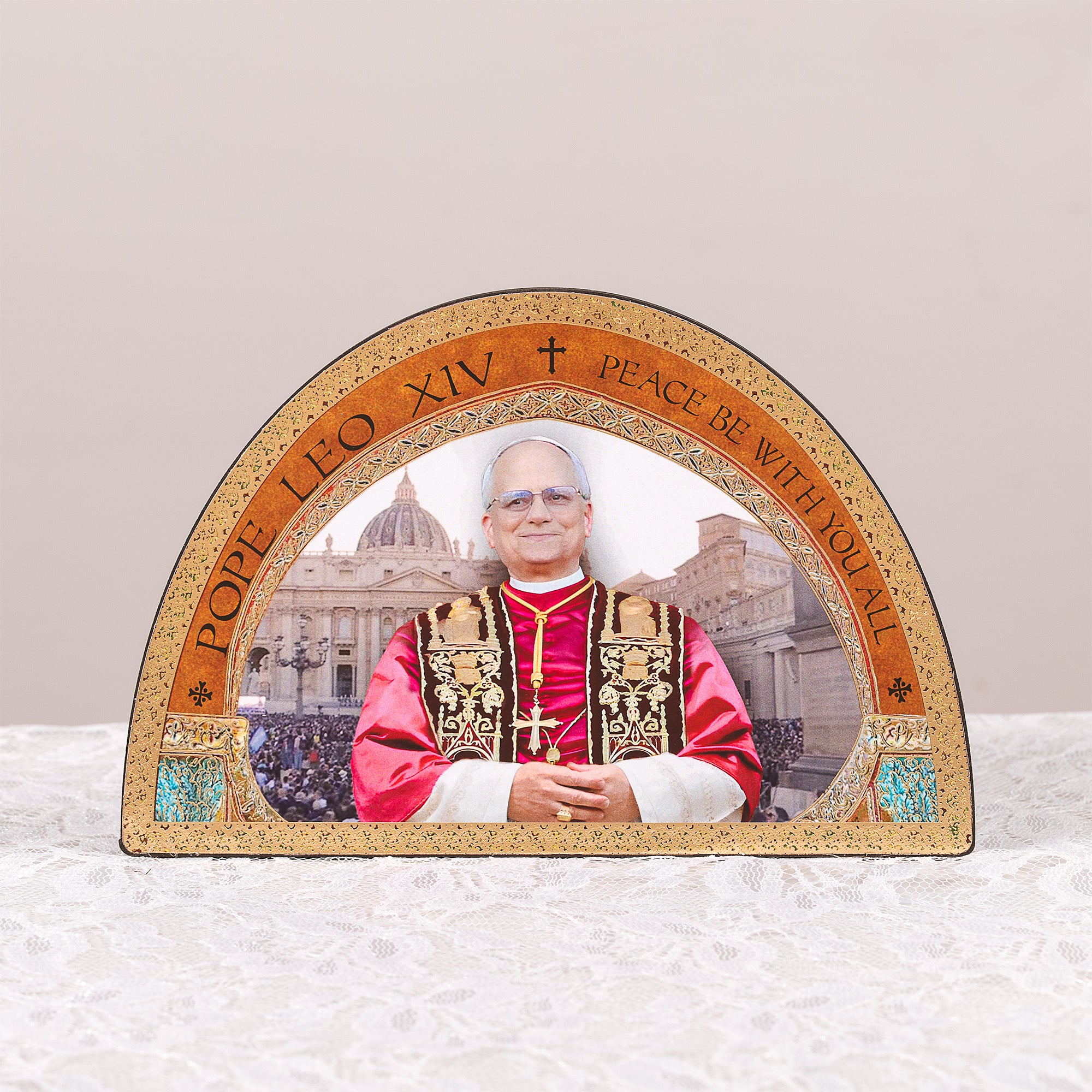 Pope Leo XIV, "La Pace" timpany Icon, gold frame