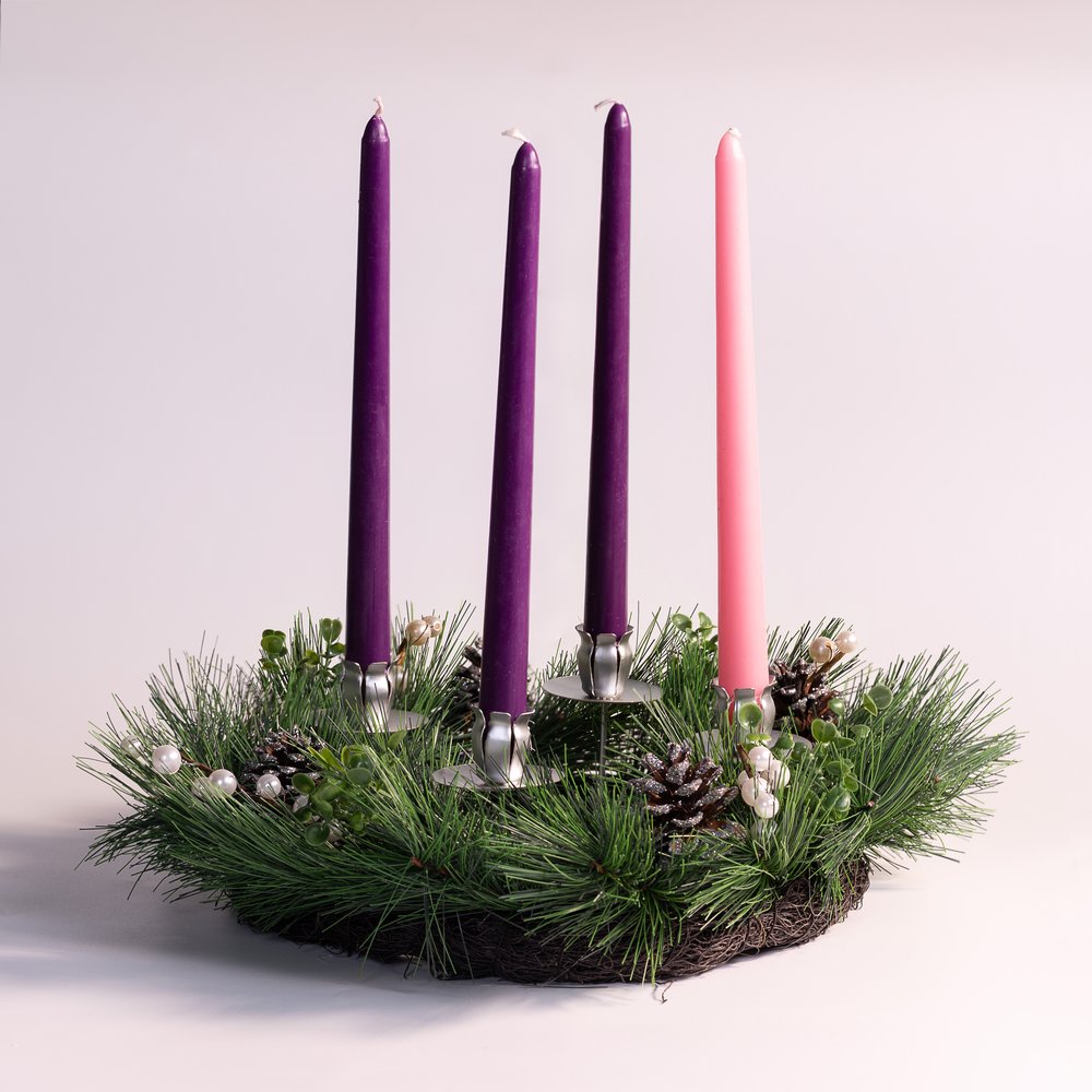 Pine Advent Wreath with Silver & White Berries - 14" (D)