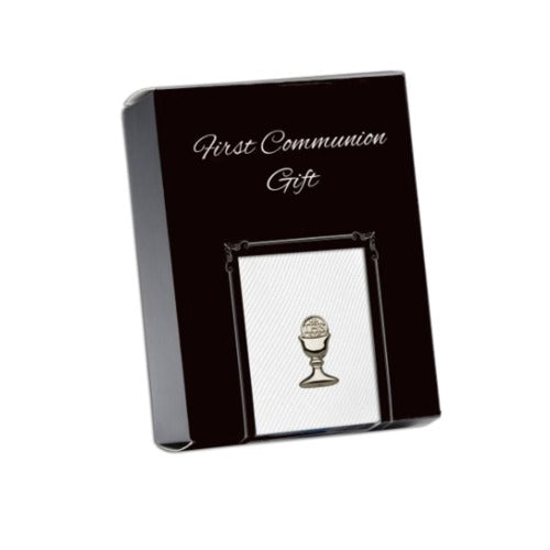 First Communion White Tie with Silver-Plated Chalice Pin