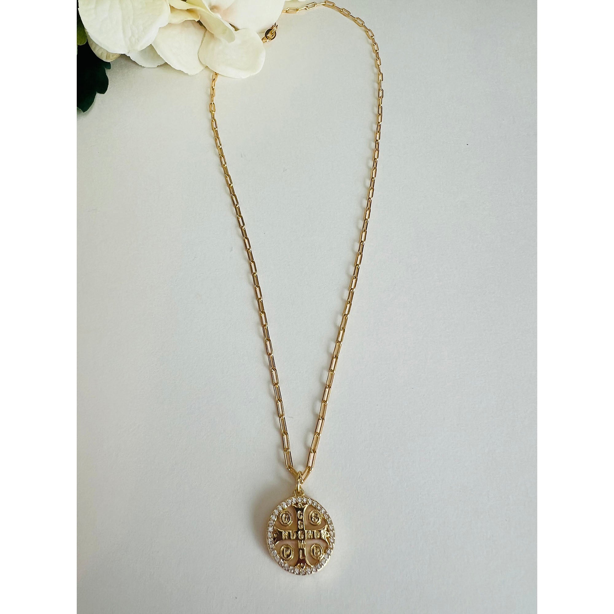 Gold & Crystal St. Benedict Bar & Bead Necklace