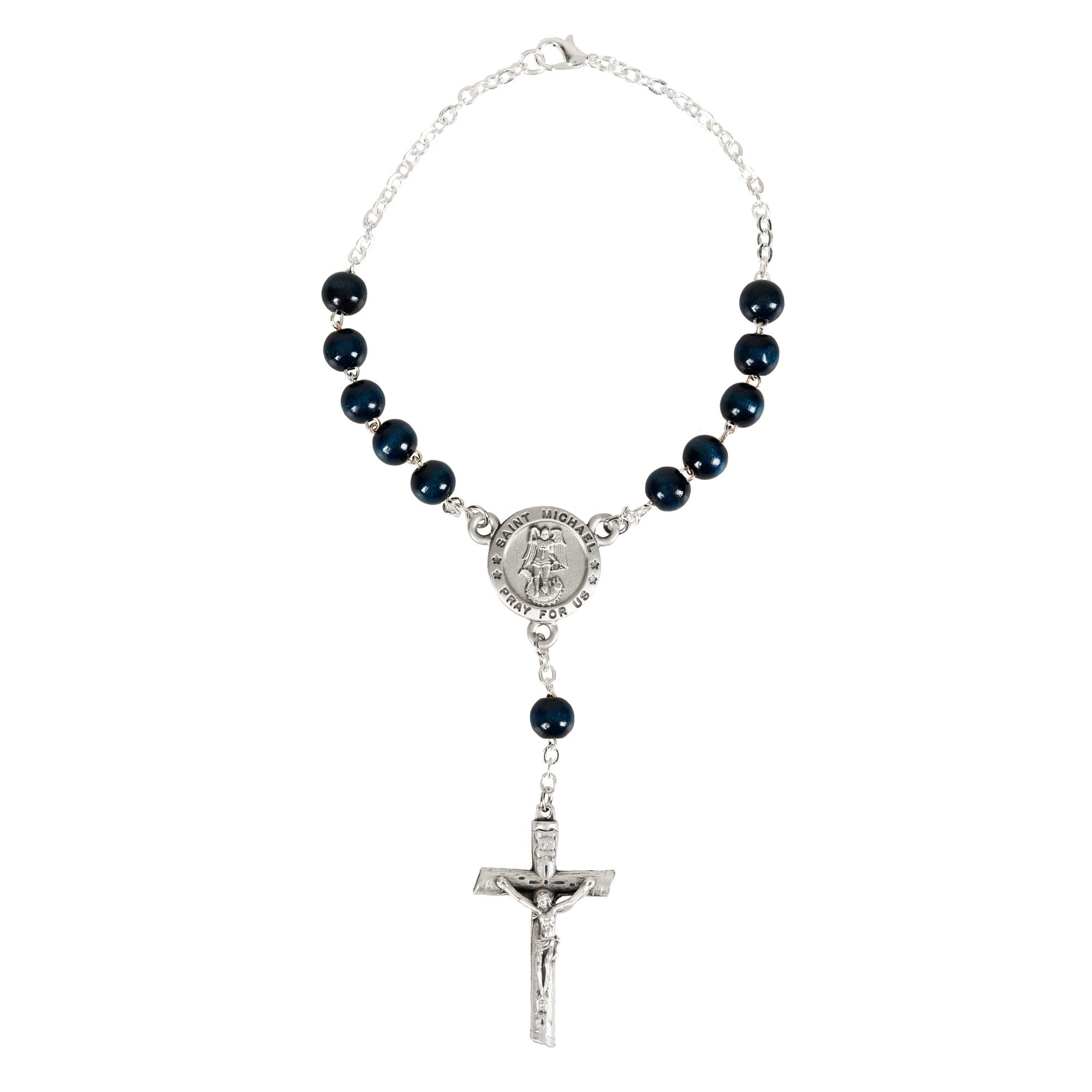 St. Michael Blue Wood Auto Rosary
