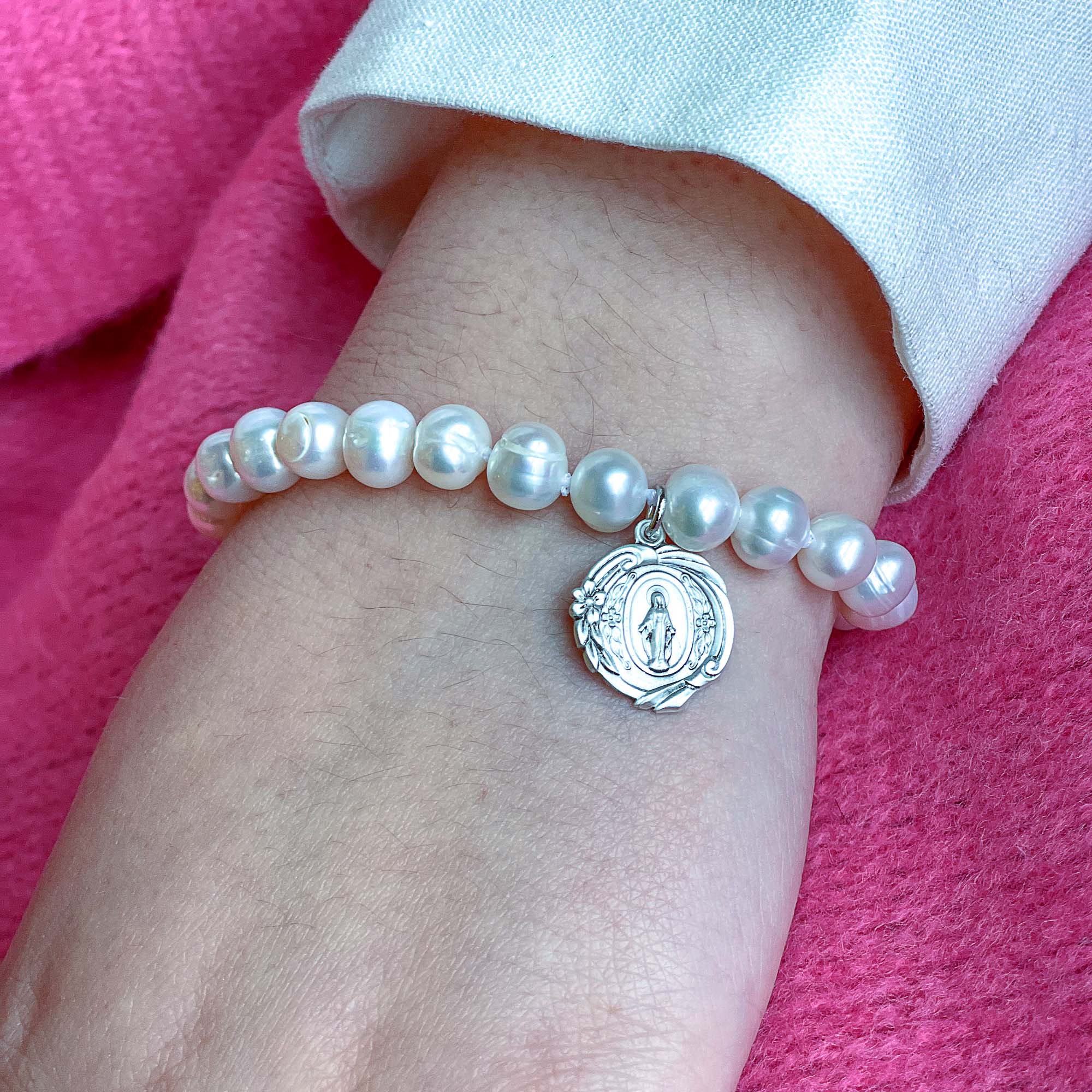 Archive Collection Pearl & Floral Miraculous Medal Bracelet