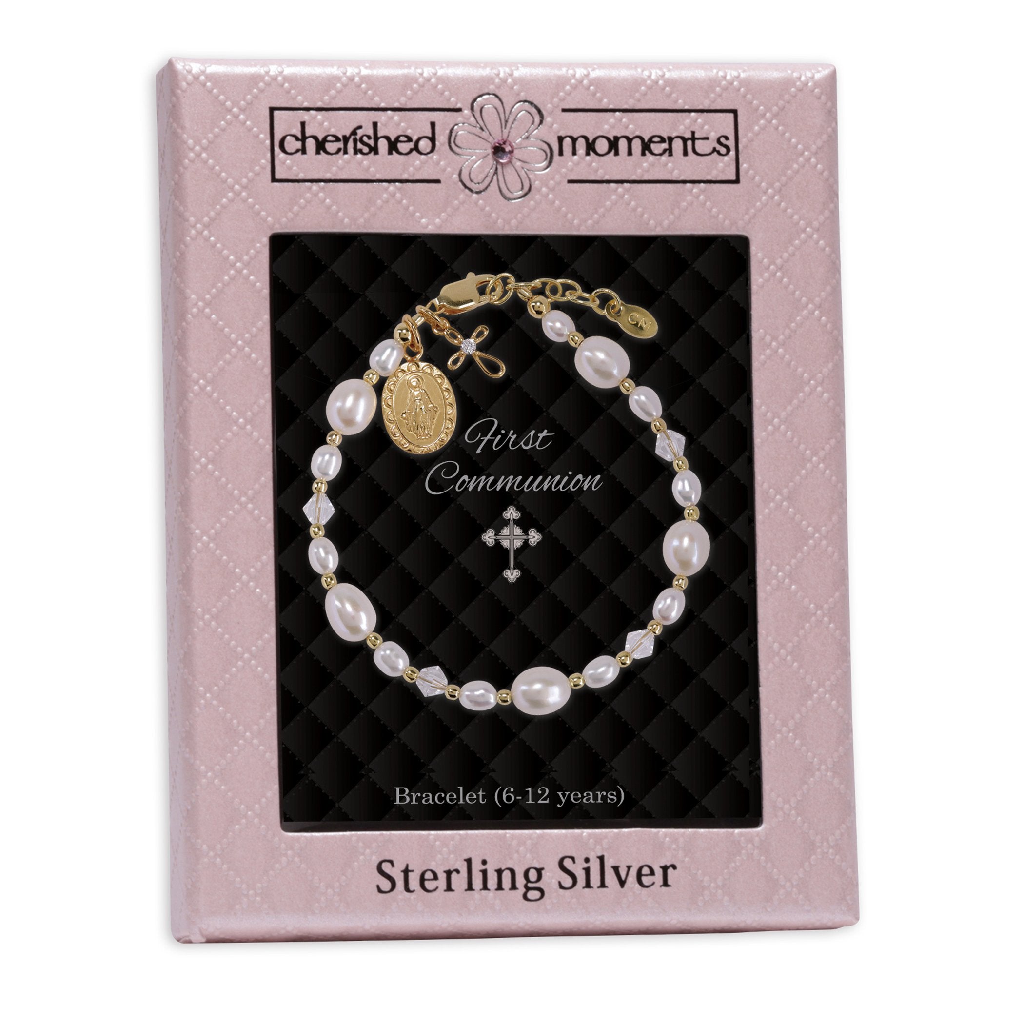 Girl's Gold, Pearl & Crystal Miraculous Medal Bracelet