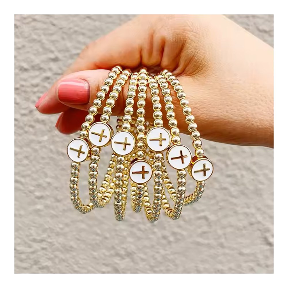 Gold Plated White Enamel Cross & Bead Bracelet