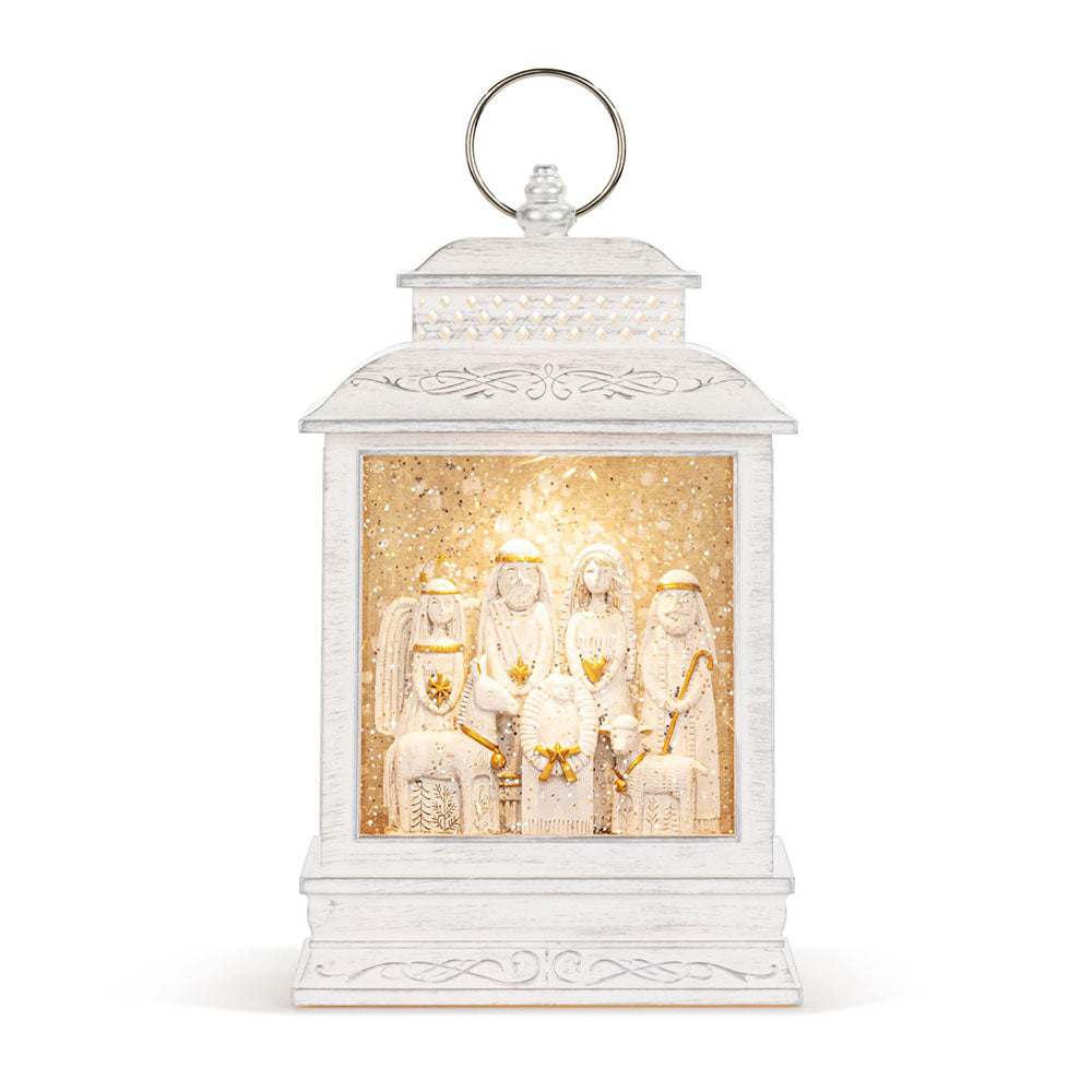 Nativity Figures Musical Silver Snow Globe Lantern - 10"