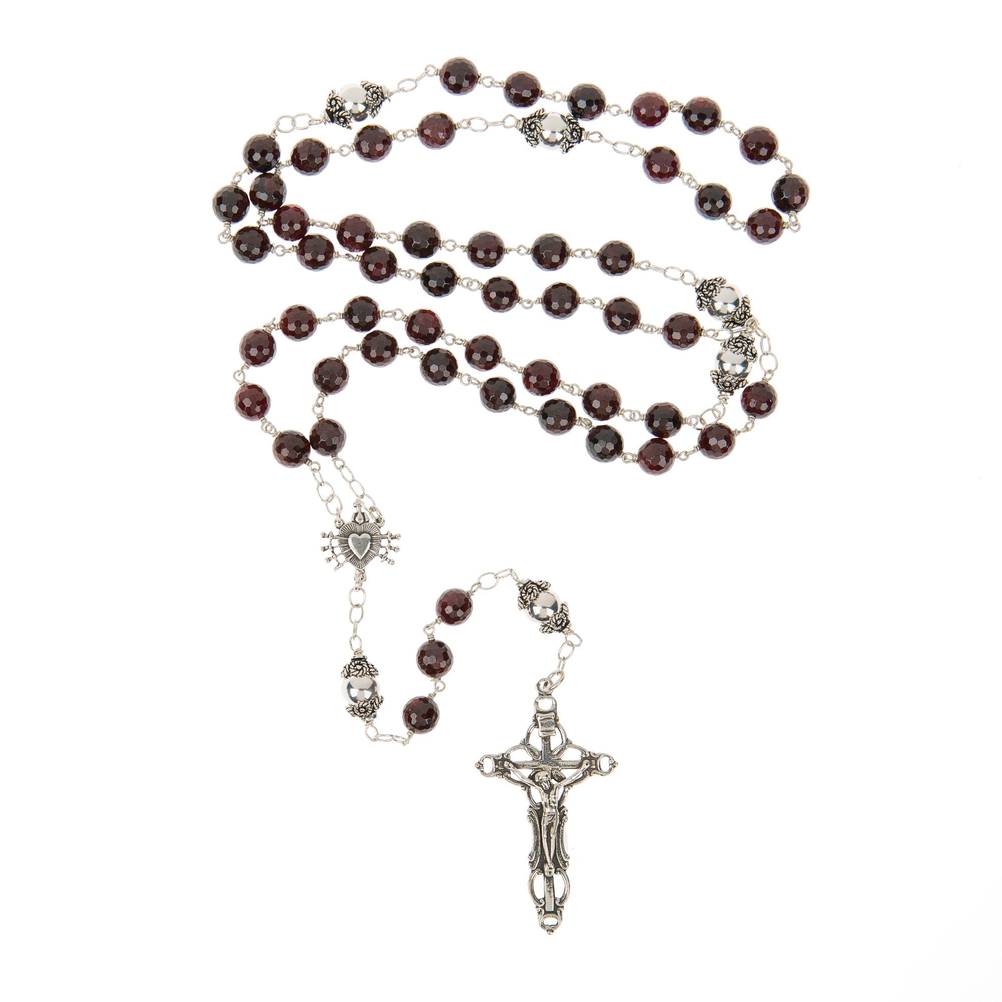 Sterling Silver Seven Sorrows Garnet Rosary, 7mm