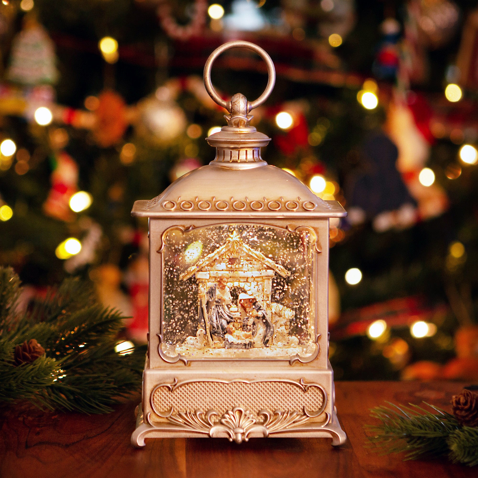 Nativity Scene Pewter Swirl LED Lantern