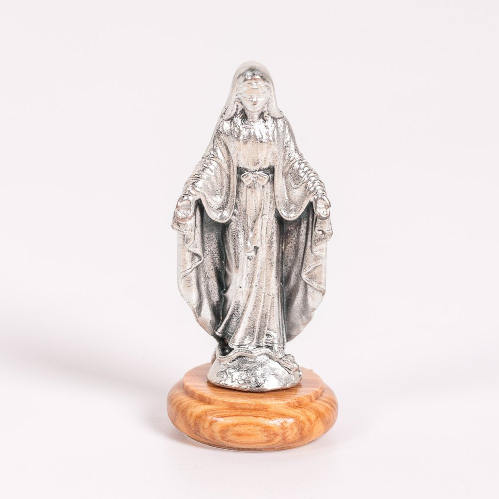 Our Lady of Grace or Our Lady of the Miraculous Medal Figurine on Olive Wood Base - 2.64"