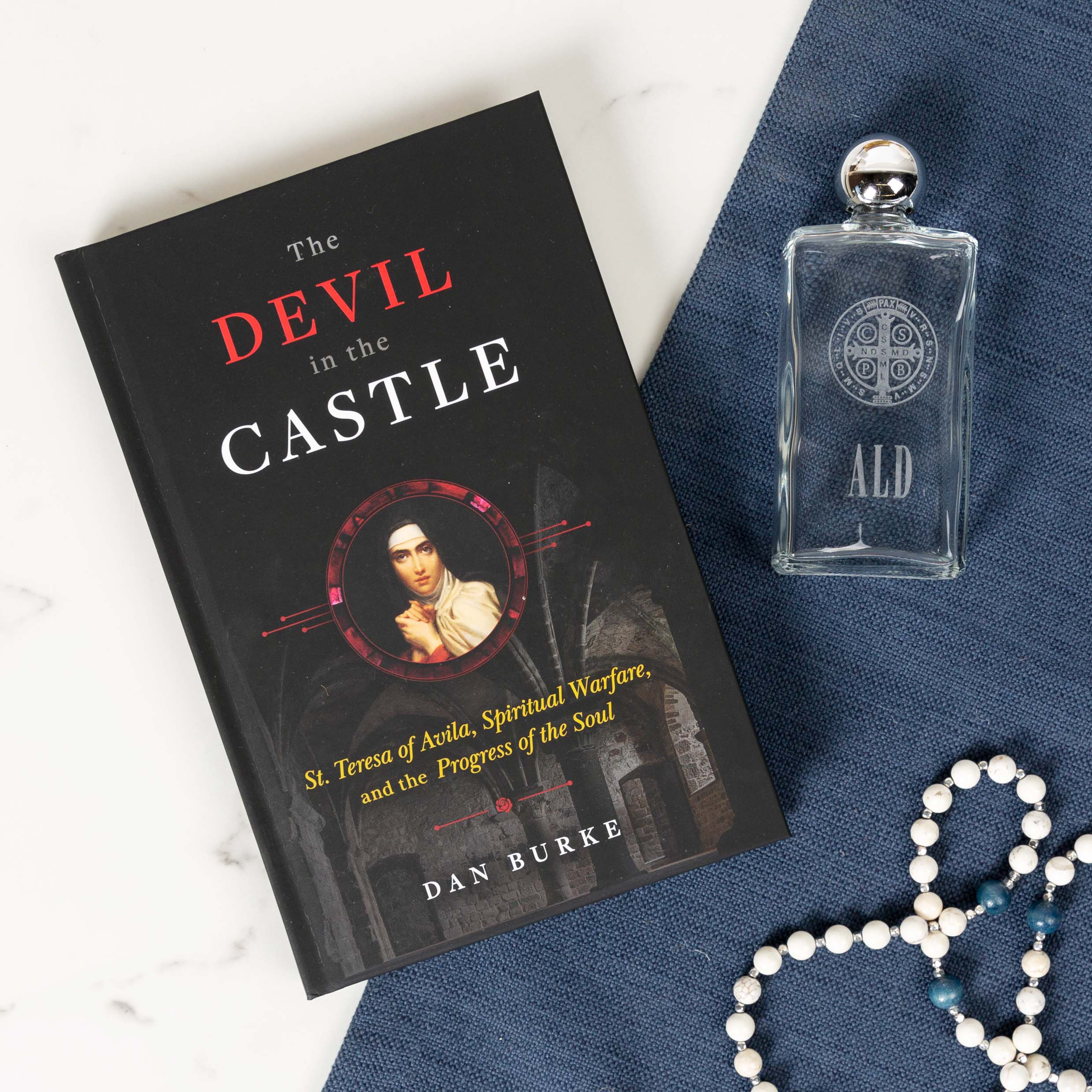 The Devil in the Castle and Personalized St. Benedict Holy Water Bottle Set