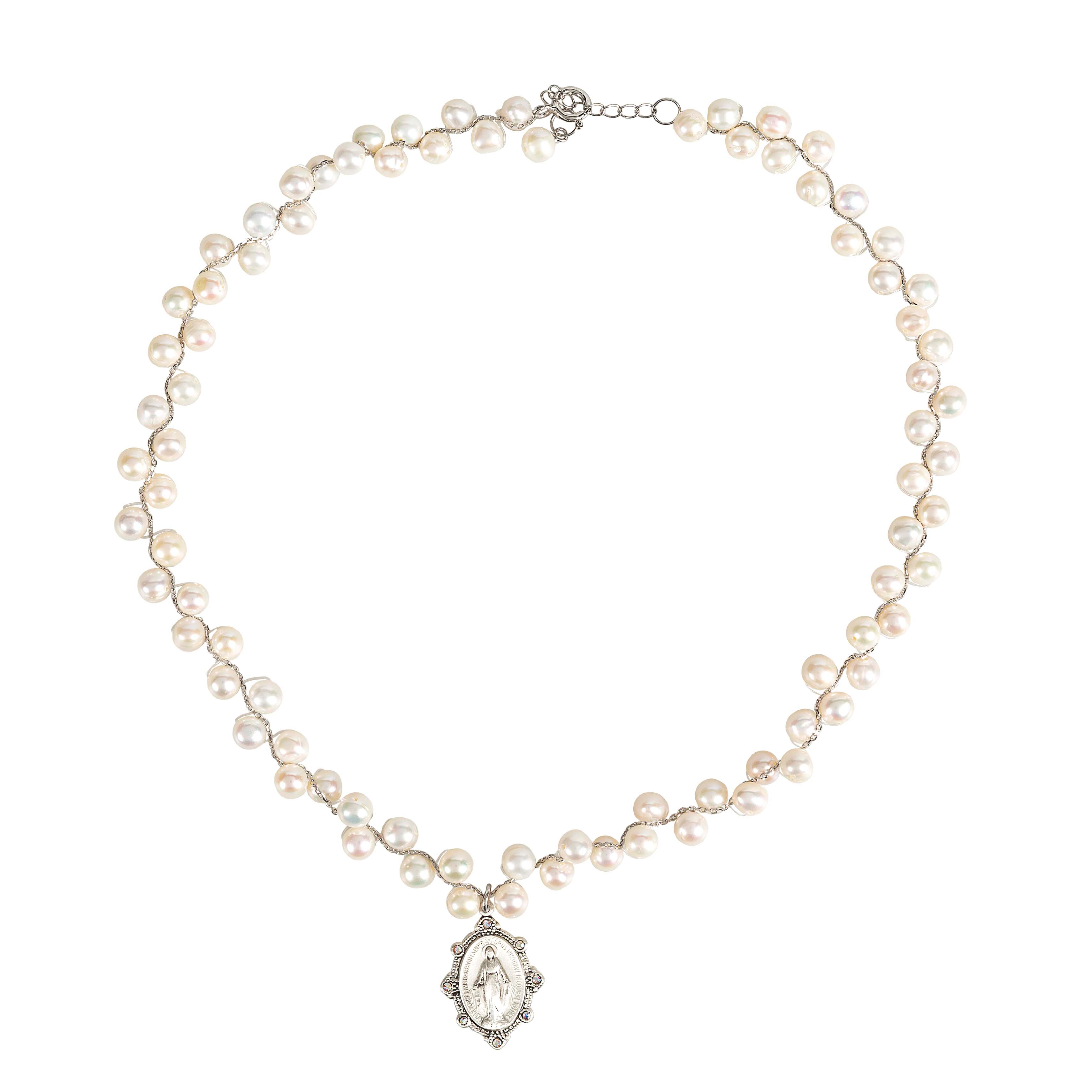 Grapevine Pearl Miraculous Medal Swarovski Necklace
