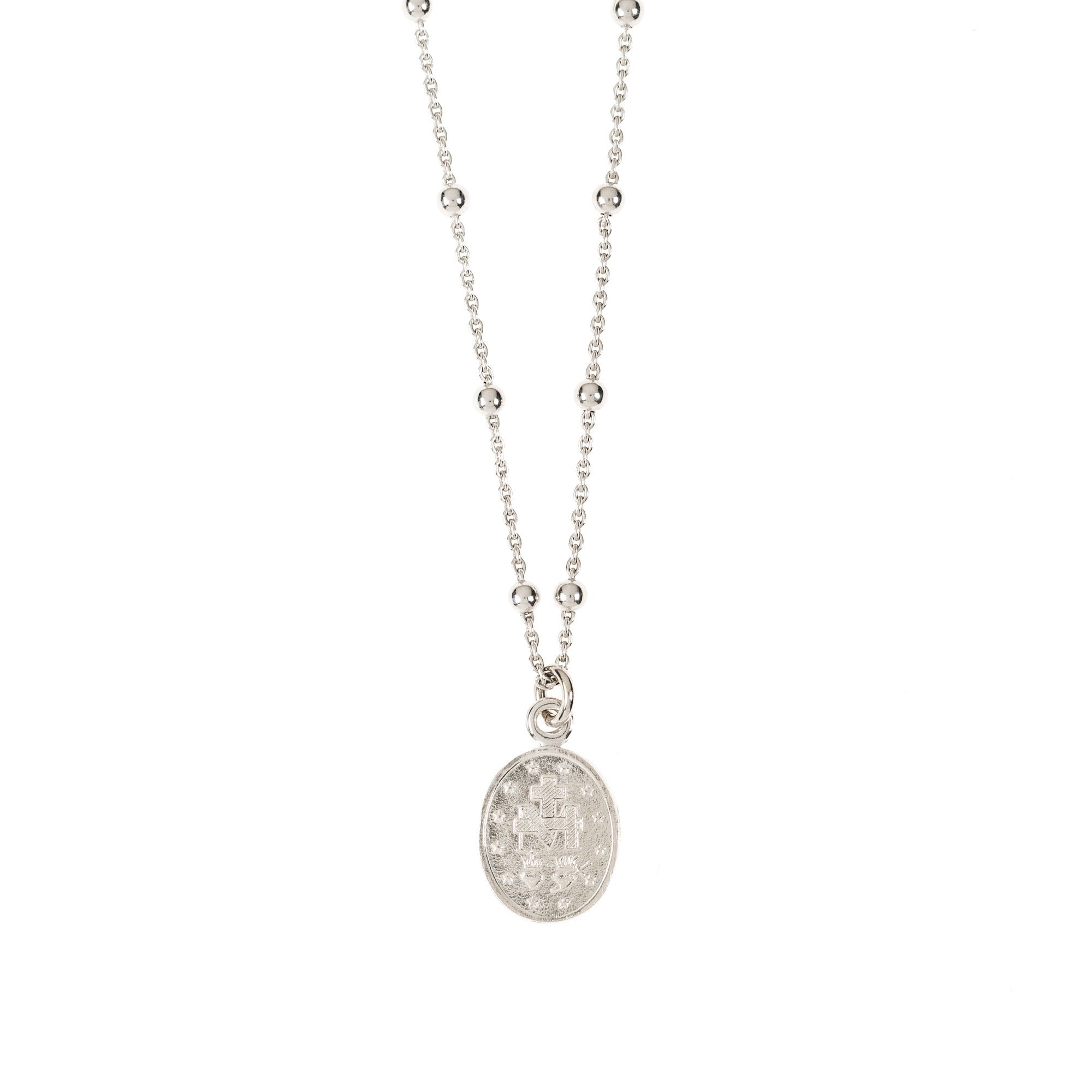 Silver Miraculous Medal Beaded Chain Necklace