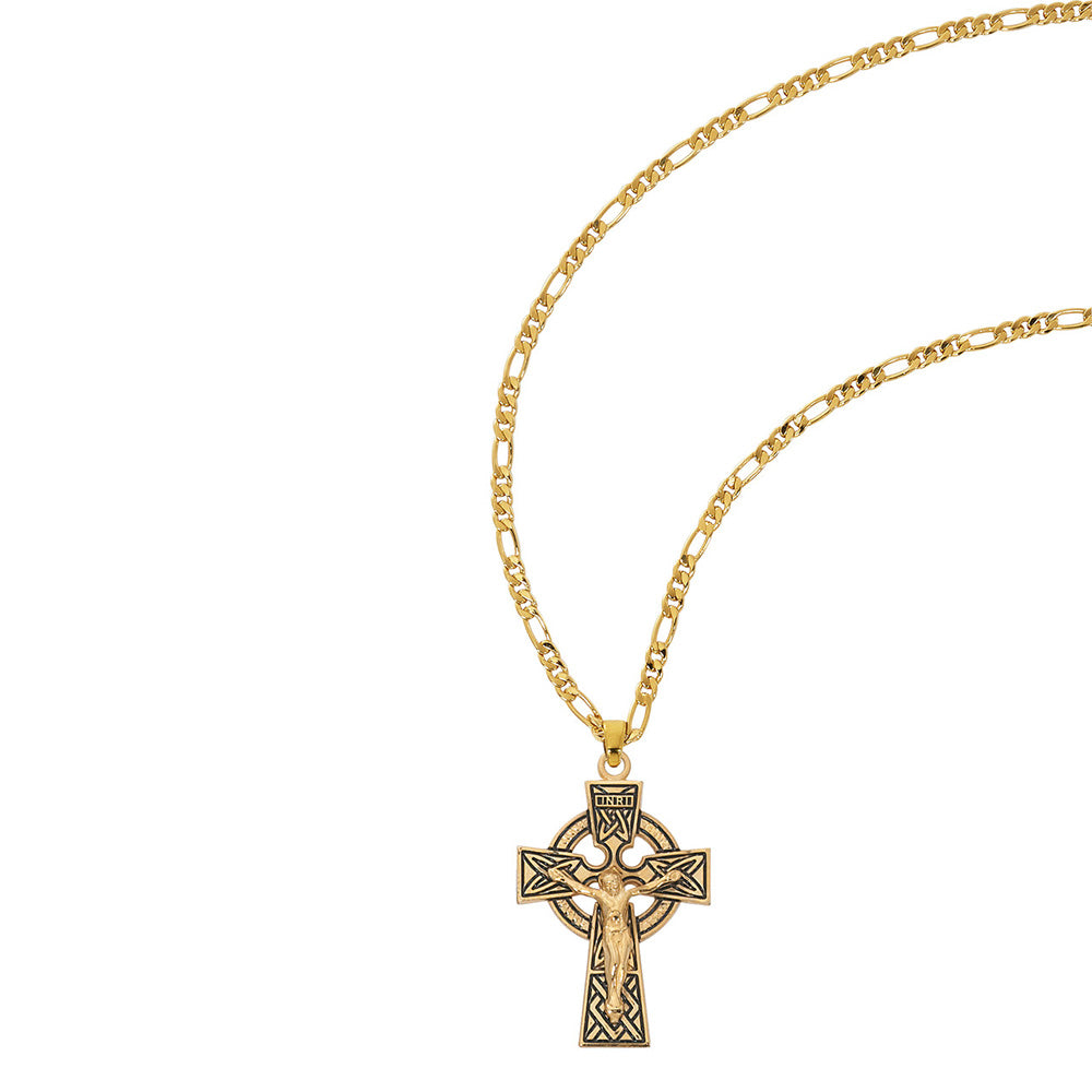 Gold Over Sterling Silver Celtic Crucifix on Figaro Chain - 24"