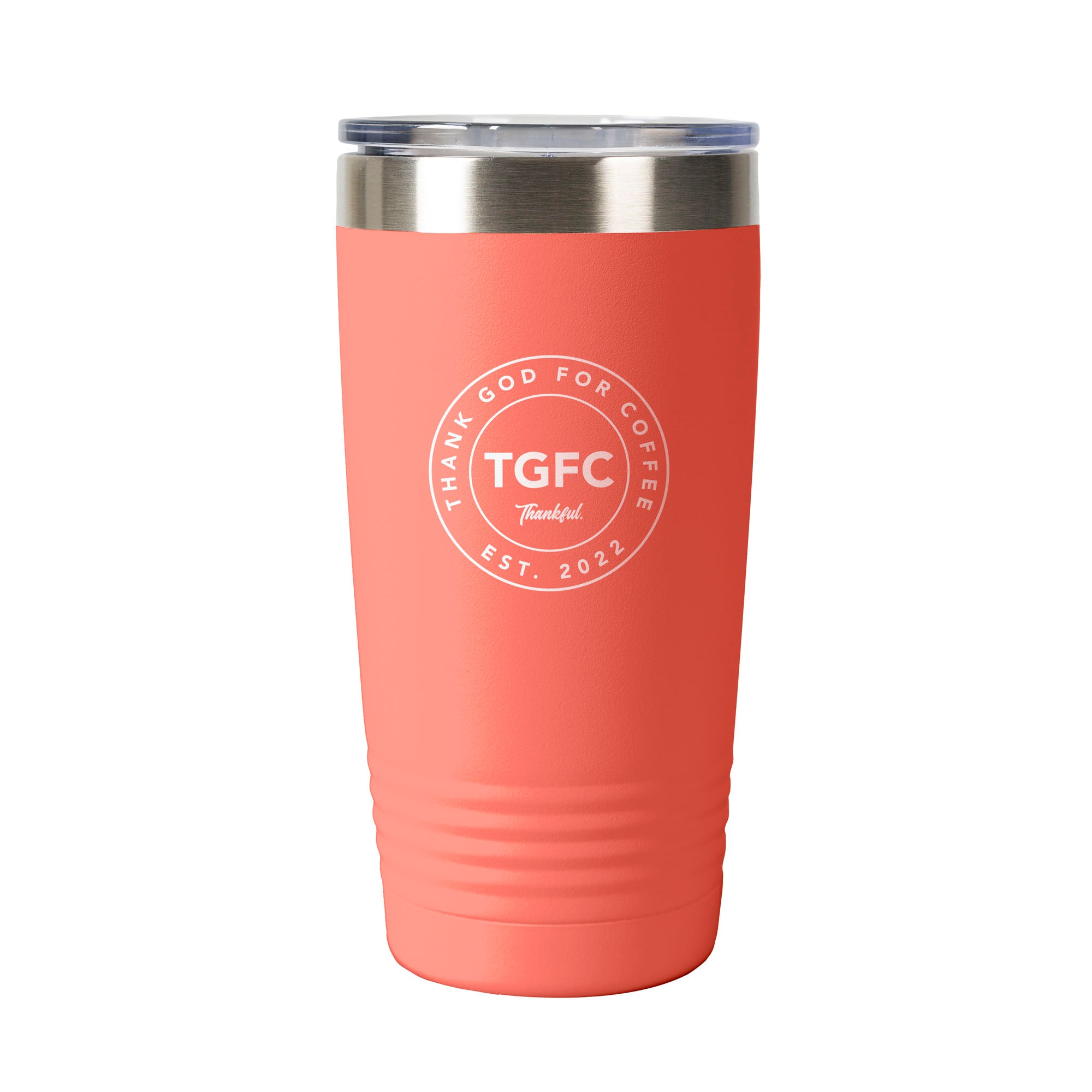 Coral, stainless steel tumbler with a lid and "TGFC Thankful Est. 2022" in a circle on the front.