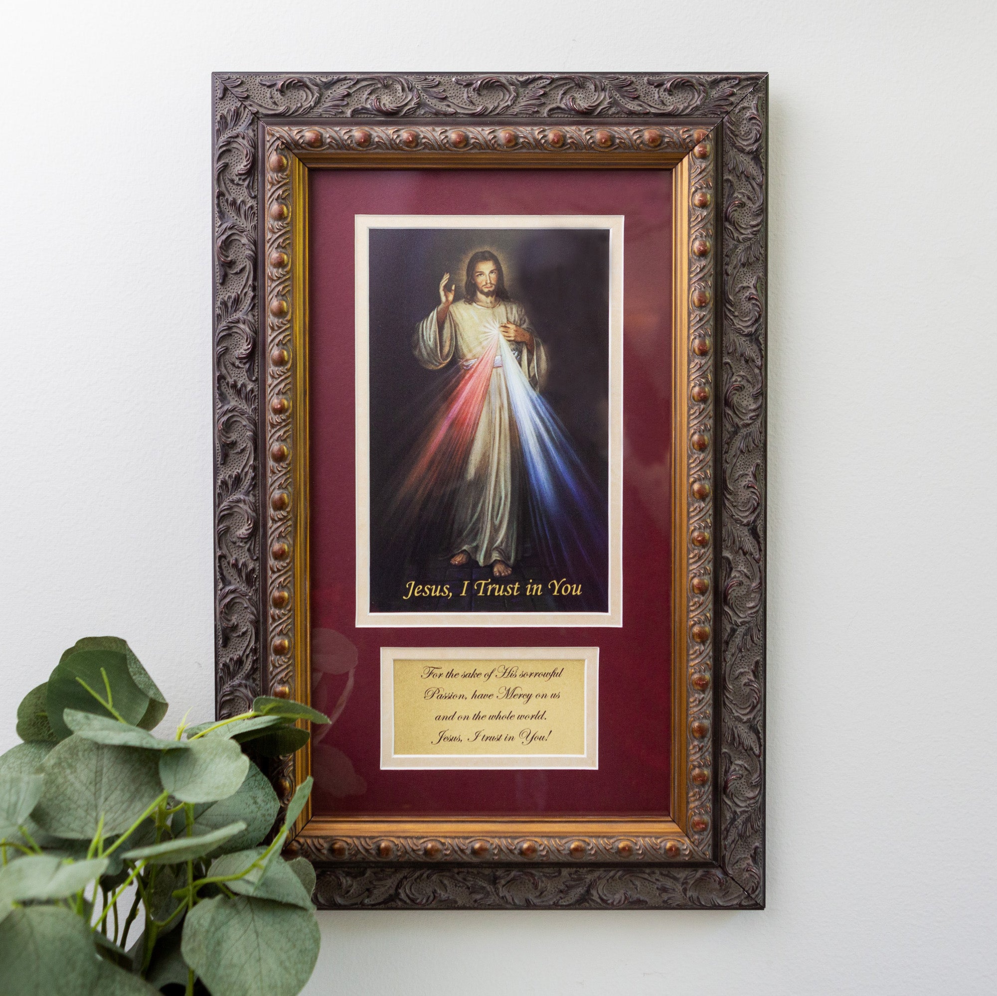 Divine Mercy with Prayer in Dark Ornate Frame