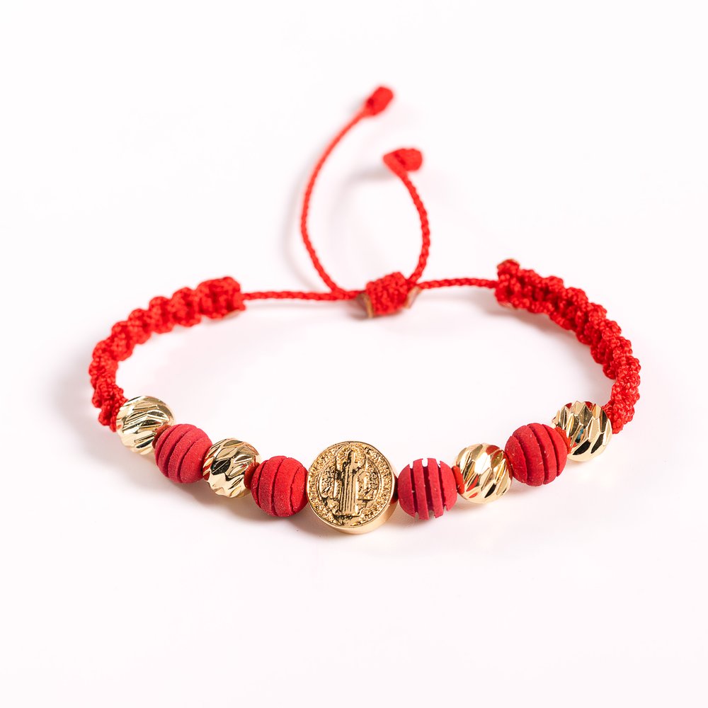 St. Benedict Red Cord Bracelet with Gold Medal