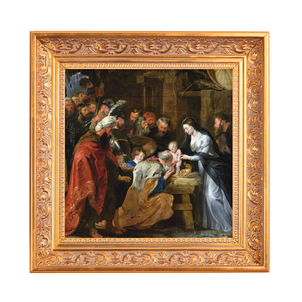 Framed painting showing the Adoration of the Magi in ornate gold frame.