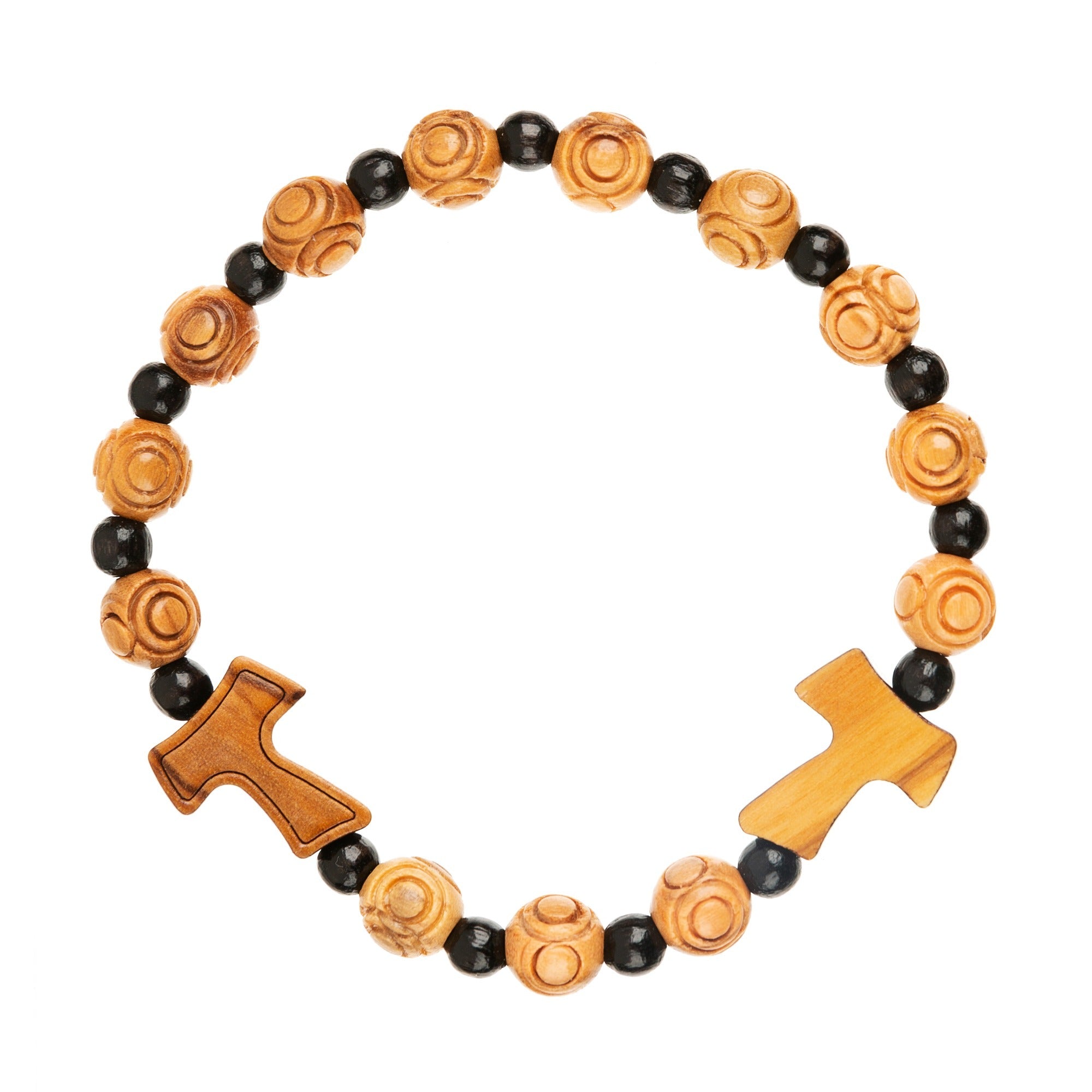 Tau Wood Bead Rosary Bracelet