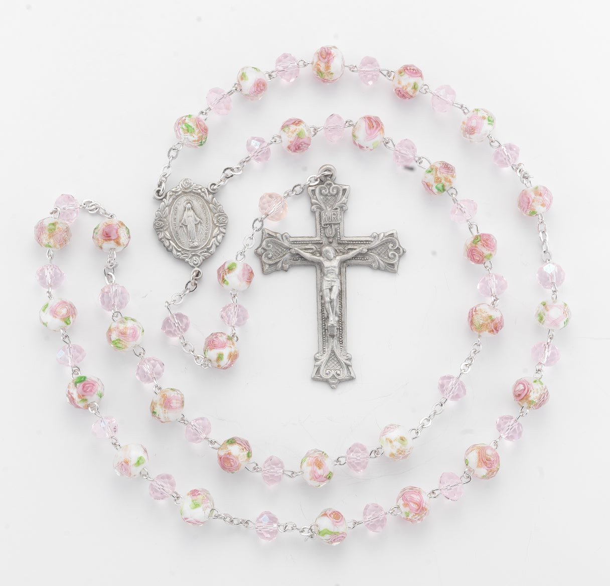 Heavenly Bouquet Pink Glass & Pewter Rosary