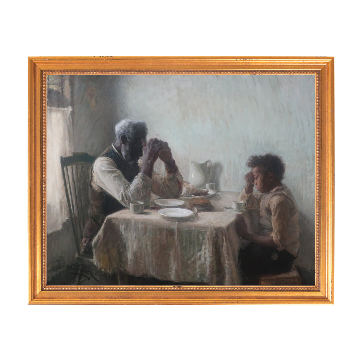 Framed oil painting depicting a man and boy praying at breakfast.