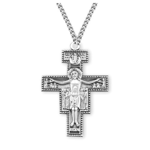 Sterling Embossed Border San Damiano Crucifix Necklace