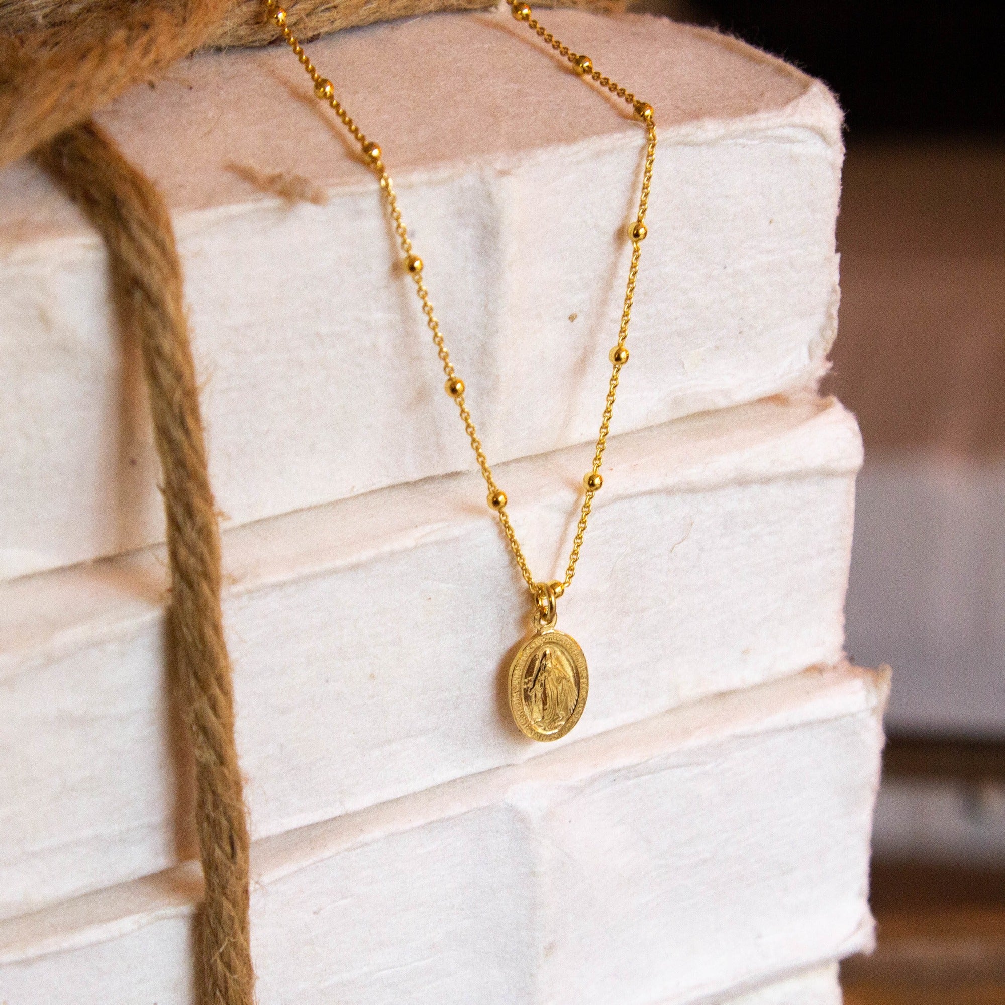 Gold Miraculous Medal Beaded Chain Necklace