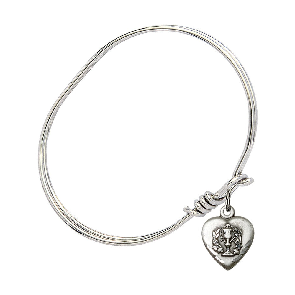 Youth Girl 5 3/4" Rhodium Plated Bangle Bracelet with Heart / First Communion Charm