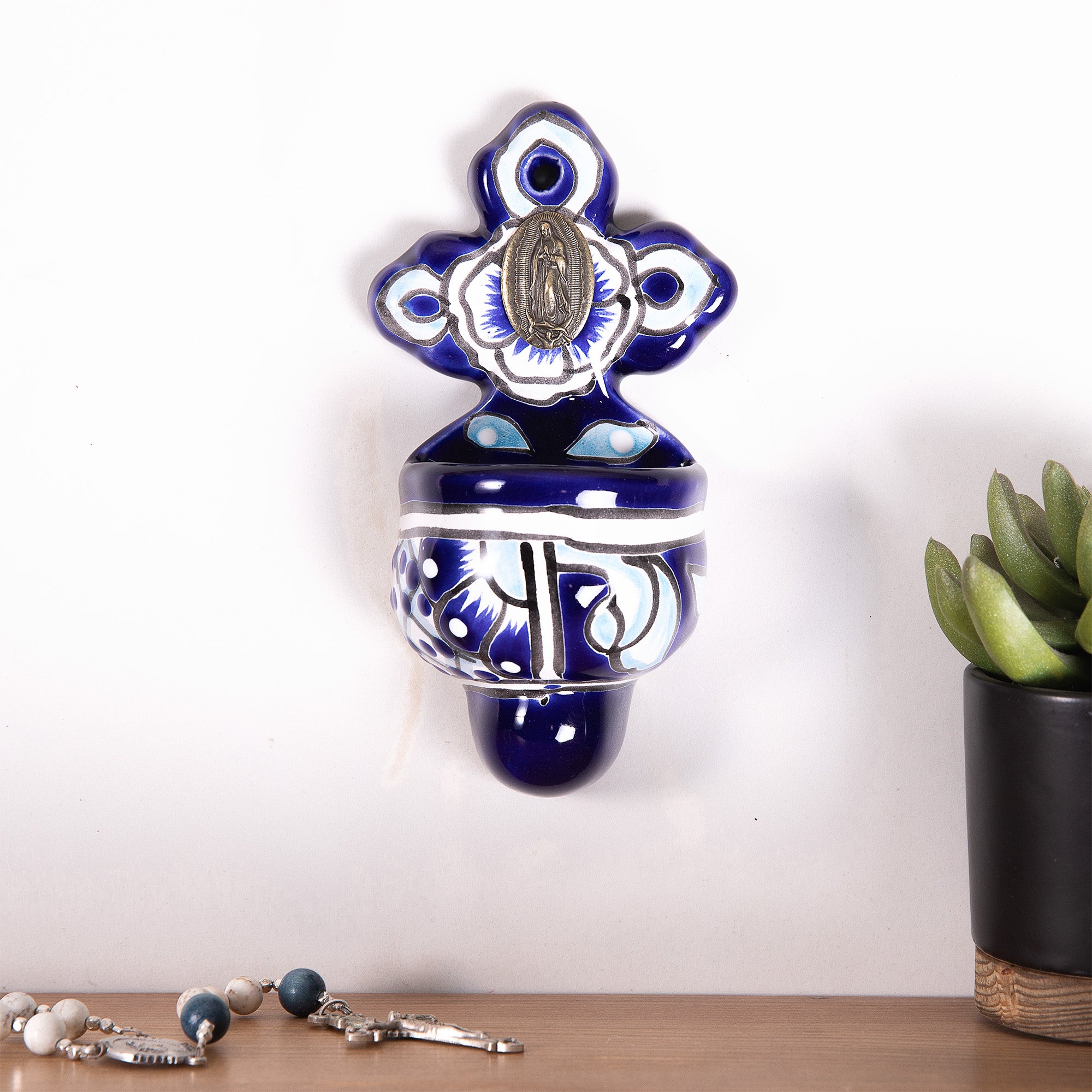 Guadalupe Mexican Talavera Holy Water Font - Blue & White Cross