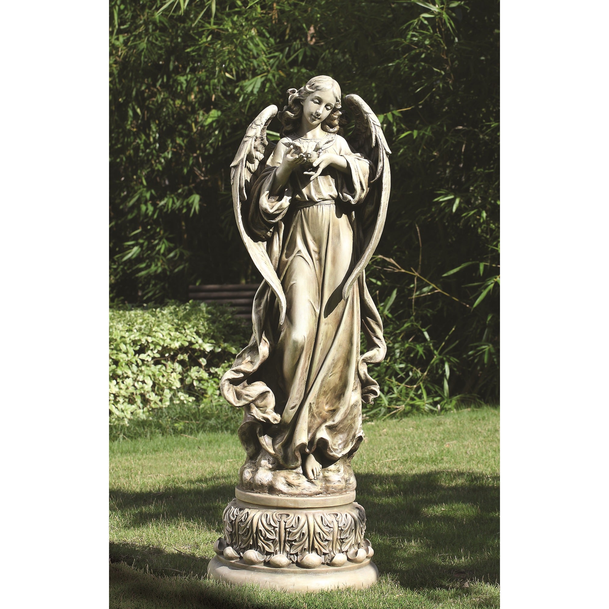 Garden Angel Holding Dove on Pedestal 46"