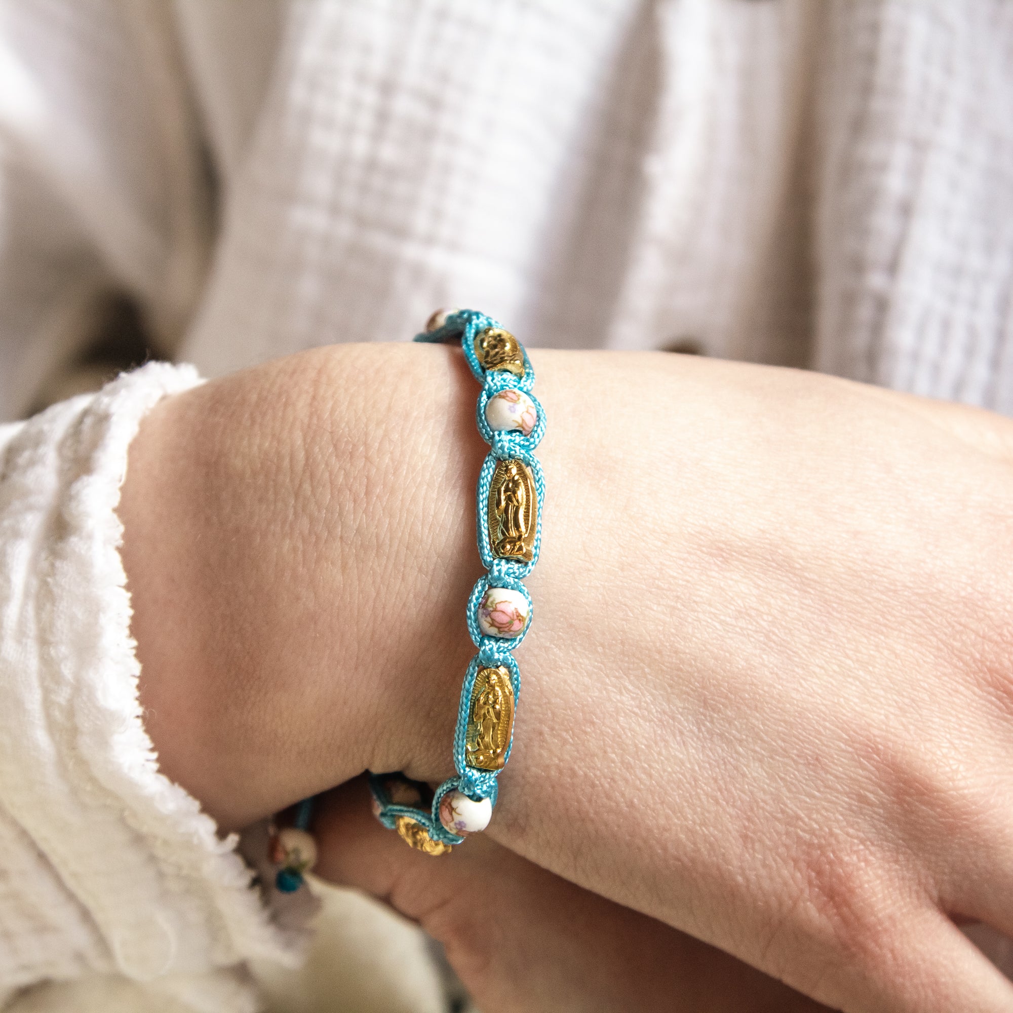 Aqua Corded Guadalupe Bracelet & Holy Card