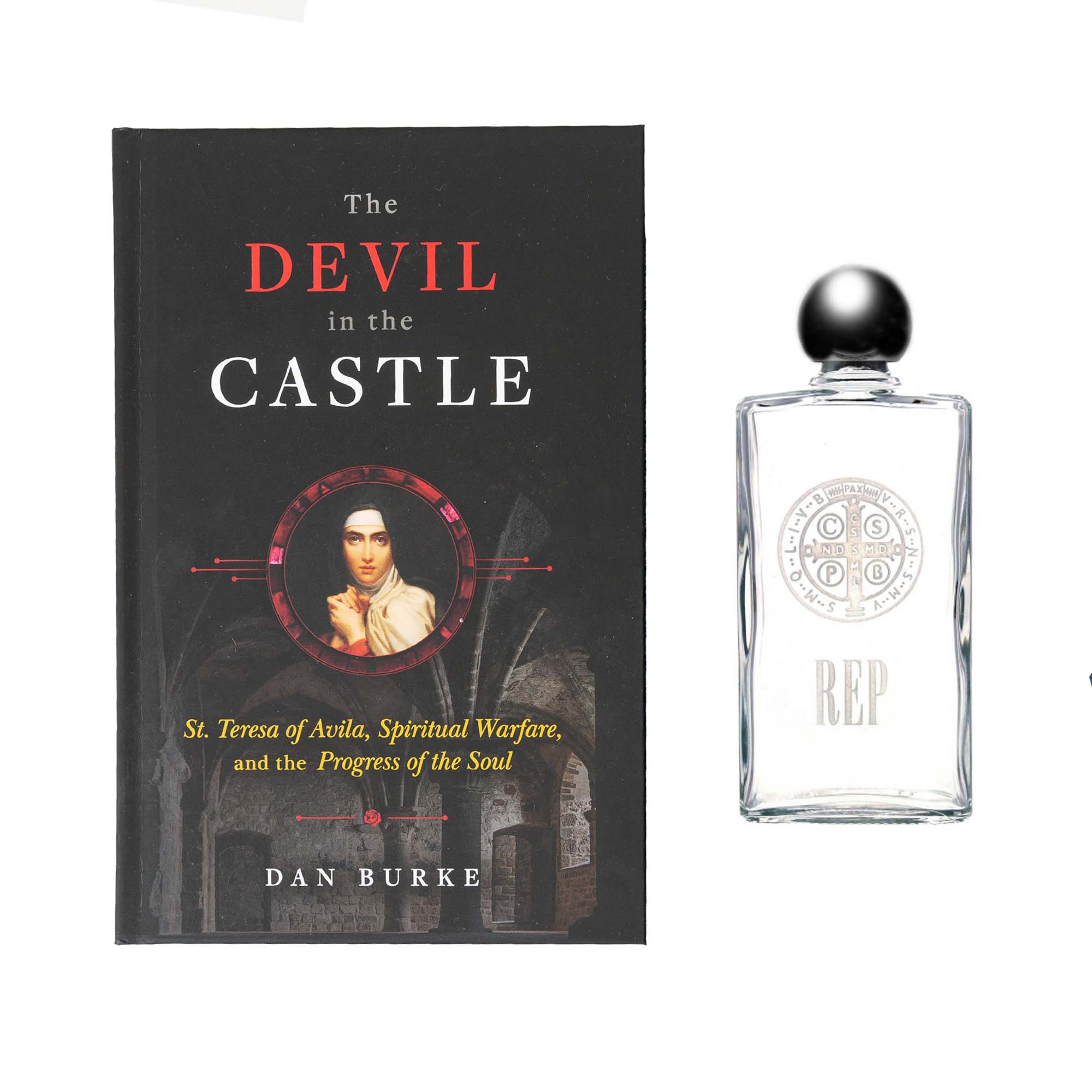 The Devil in the Castle and Personalized St. Benedict Holy Water Bottle Set