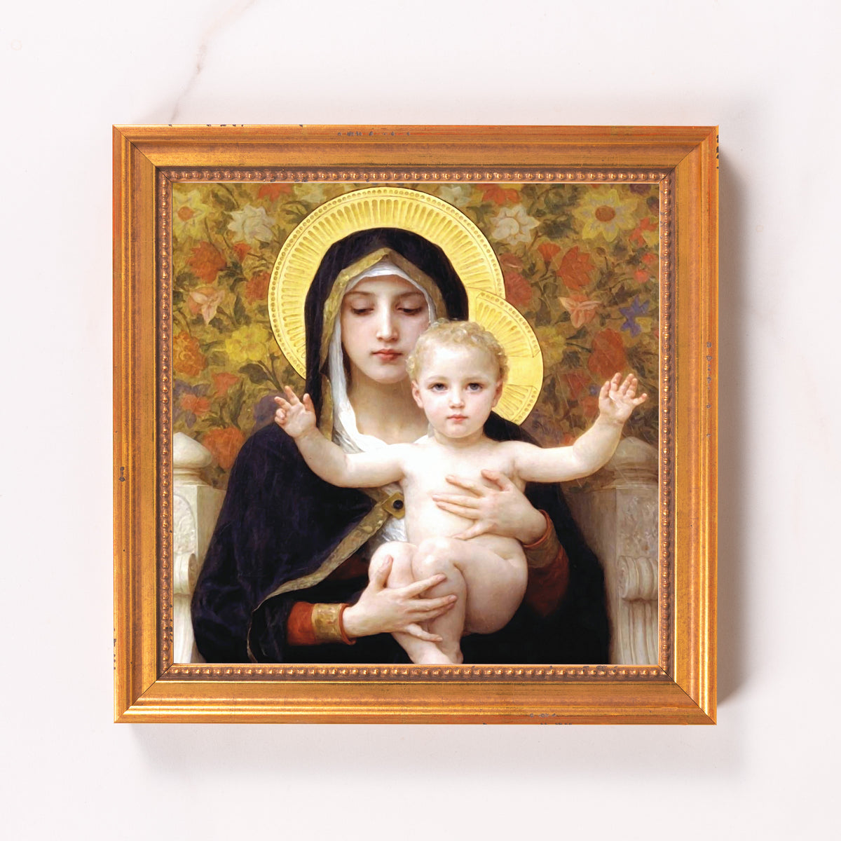 Framed art print of Madonna and Child in a vintage style, with a gold-tone wood frame.