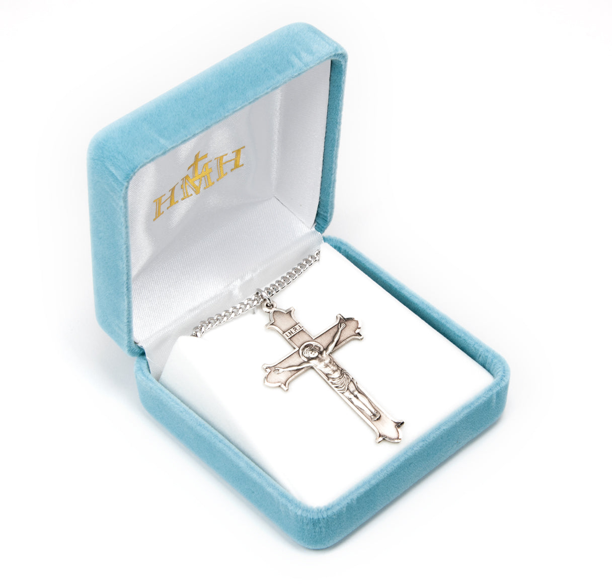 Large Fleur-de-lis Edge Sterling Crucifix Necklace