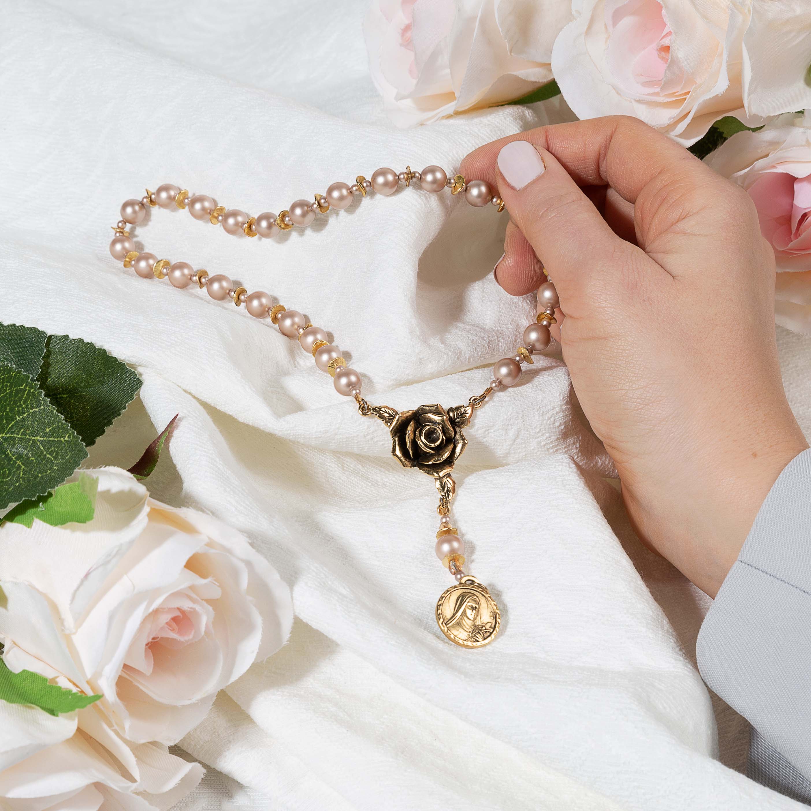 Rose & Antique Gold Chaplet of St. Therese the Little Flower