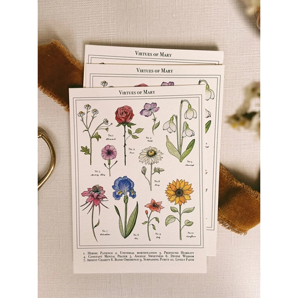 Virtues of Mary Floral Prayer Cards - Set of 10