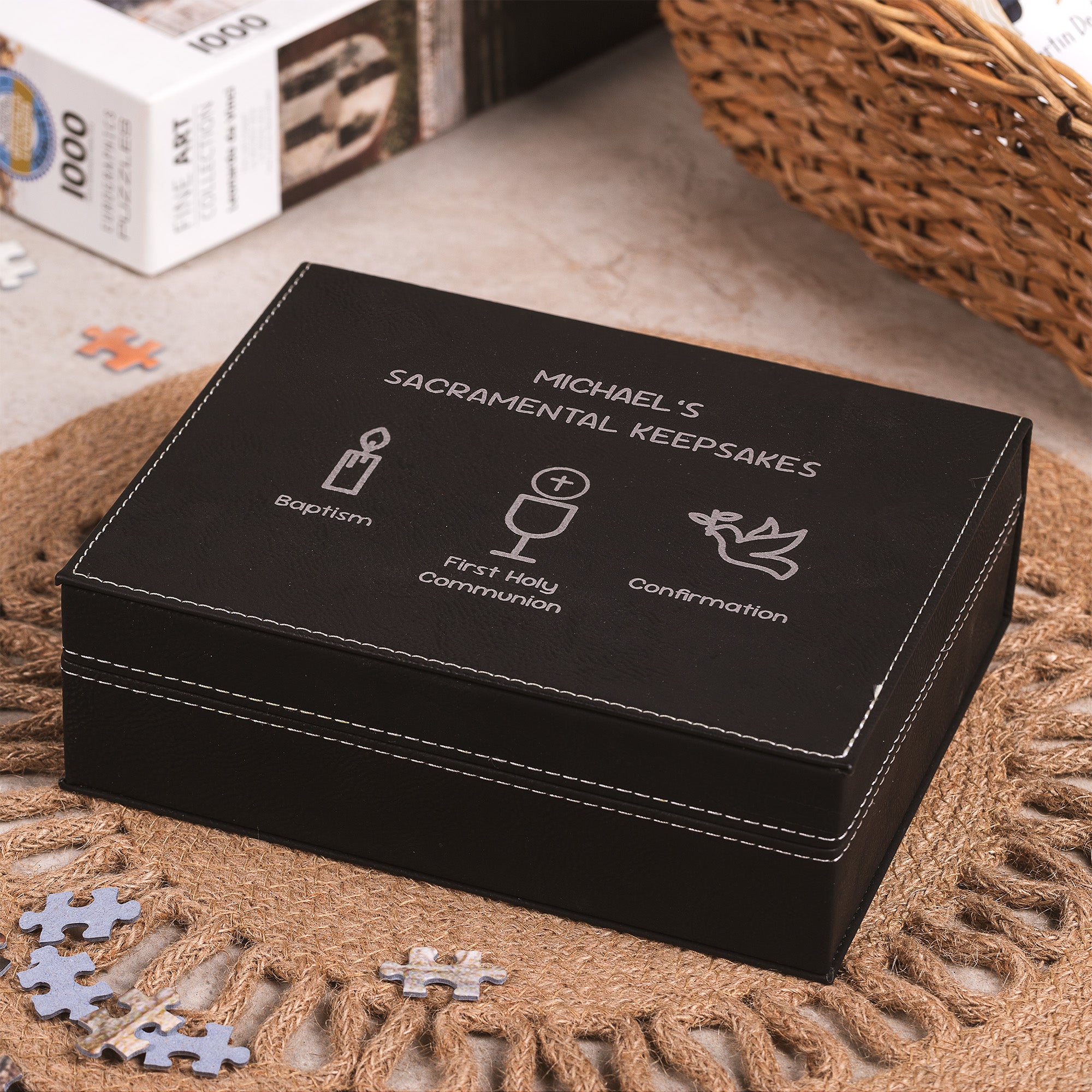 Personalized Black Leather Sacramental Keepsake Box