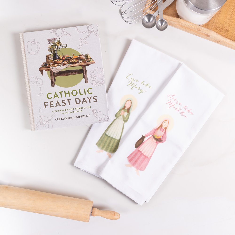 Catholic Feast Day Cookbook & Martha and Mary Kitchen Towel Gift Set