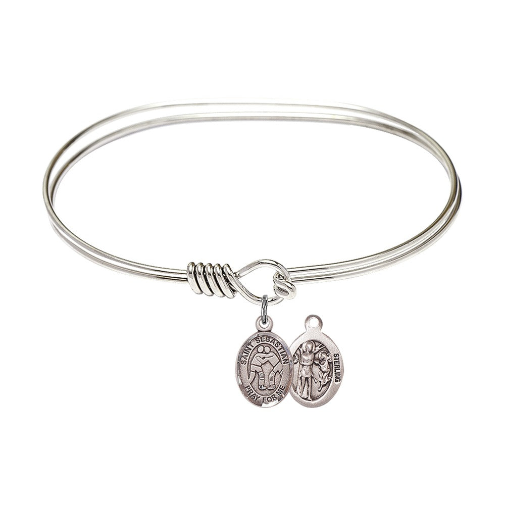 Adult 7" Oval Rhodium Plated Bangle Bracelet with St. Sebastian/Wrestling Medal Charm