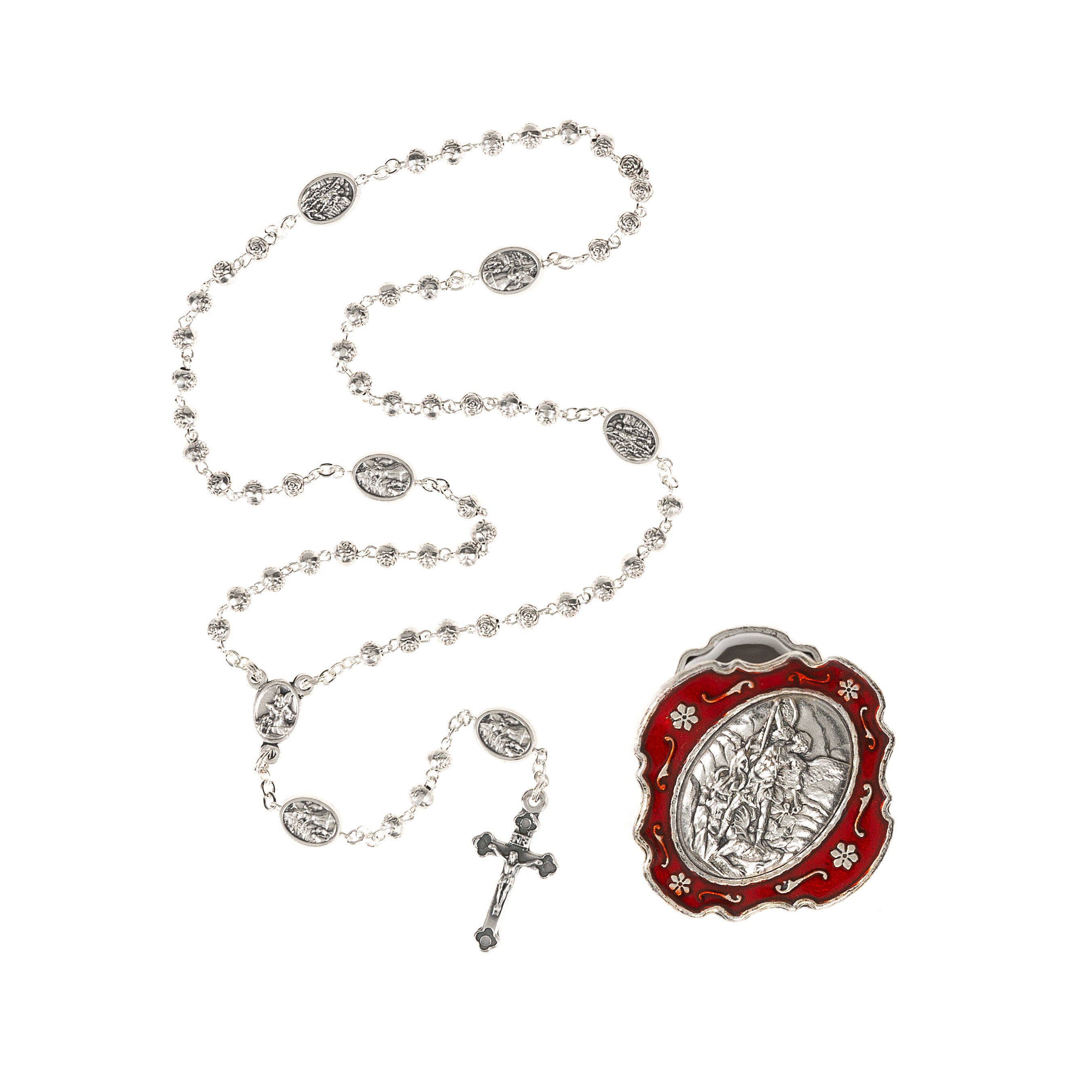 St. Michael Rosary in Silver & Red Enamel Box