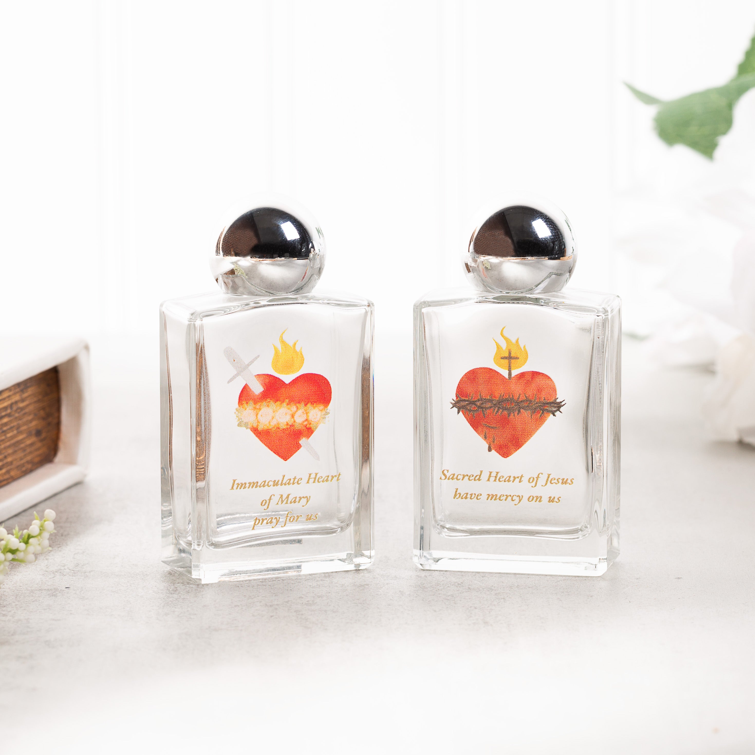 Sacred Heart & Immaculate Heart Holy Water Bottles - Set of 2