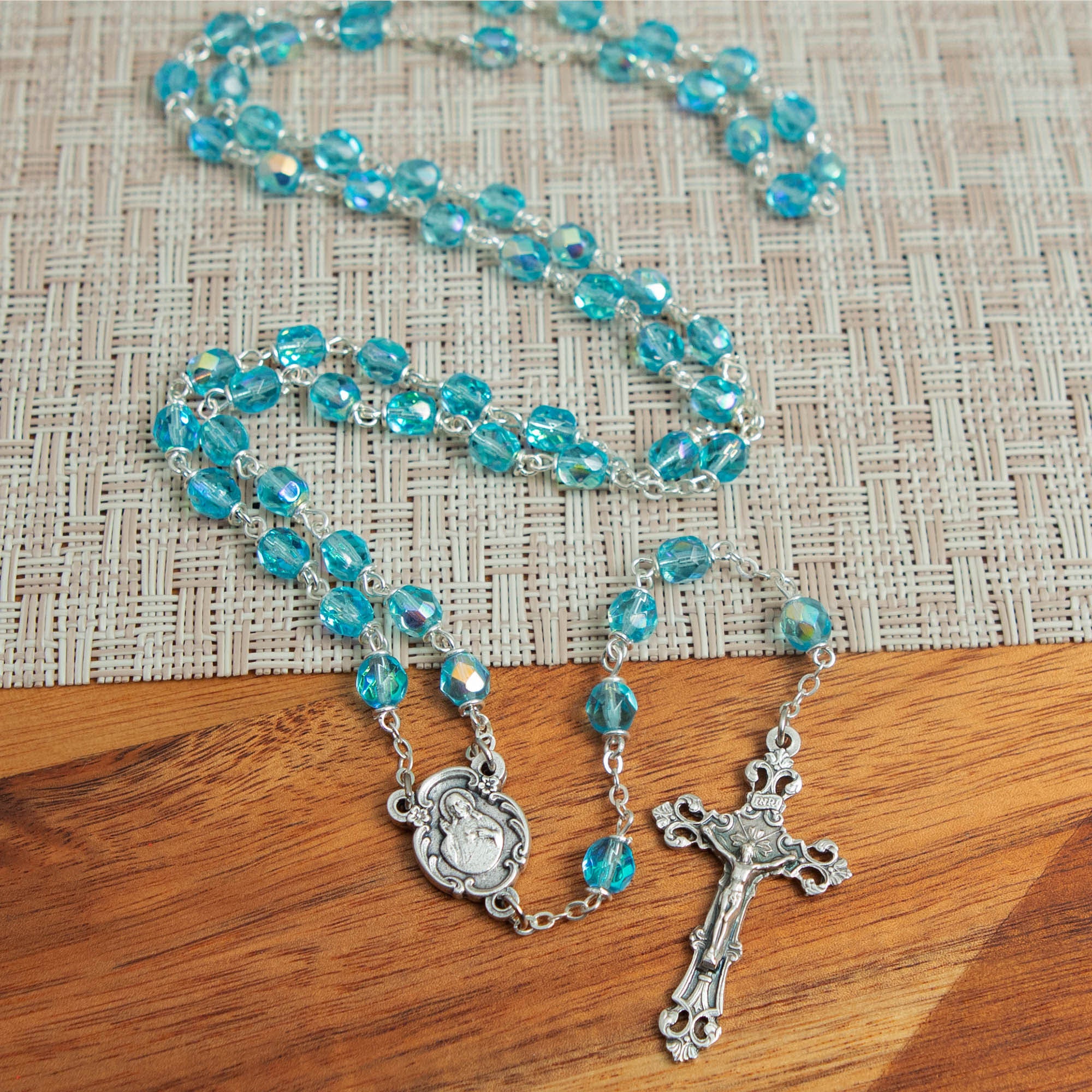 Bohemian Glass Birthstone Rosary – Aqua / March