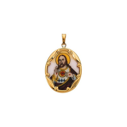 14kt Yellow 25x19.5mm Sacred Heart of Jesus Hand-Painted Porcelain Pendant