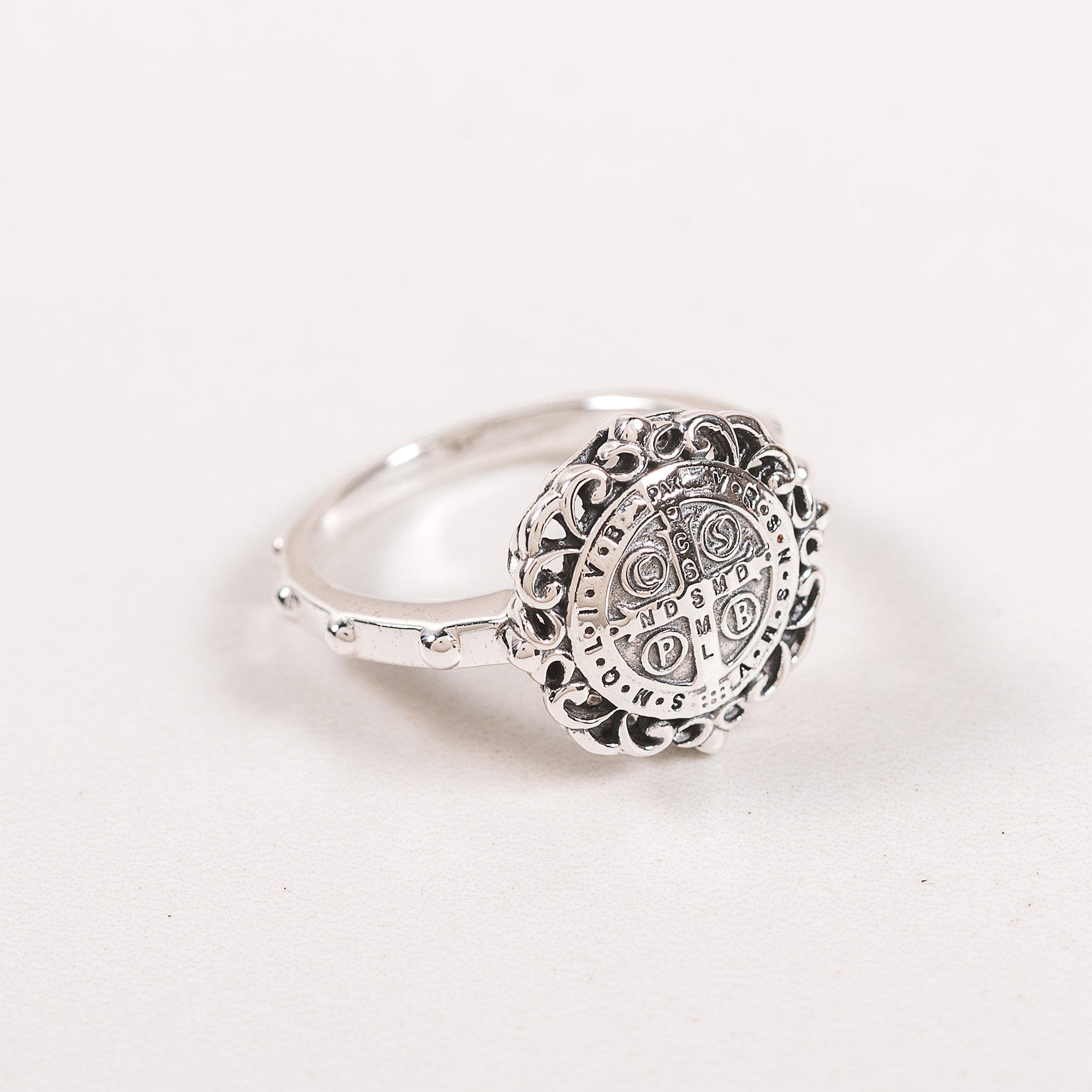 Sterling Silver St. Benedict Filigree Rosary Ring