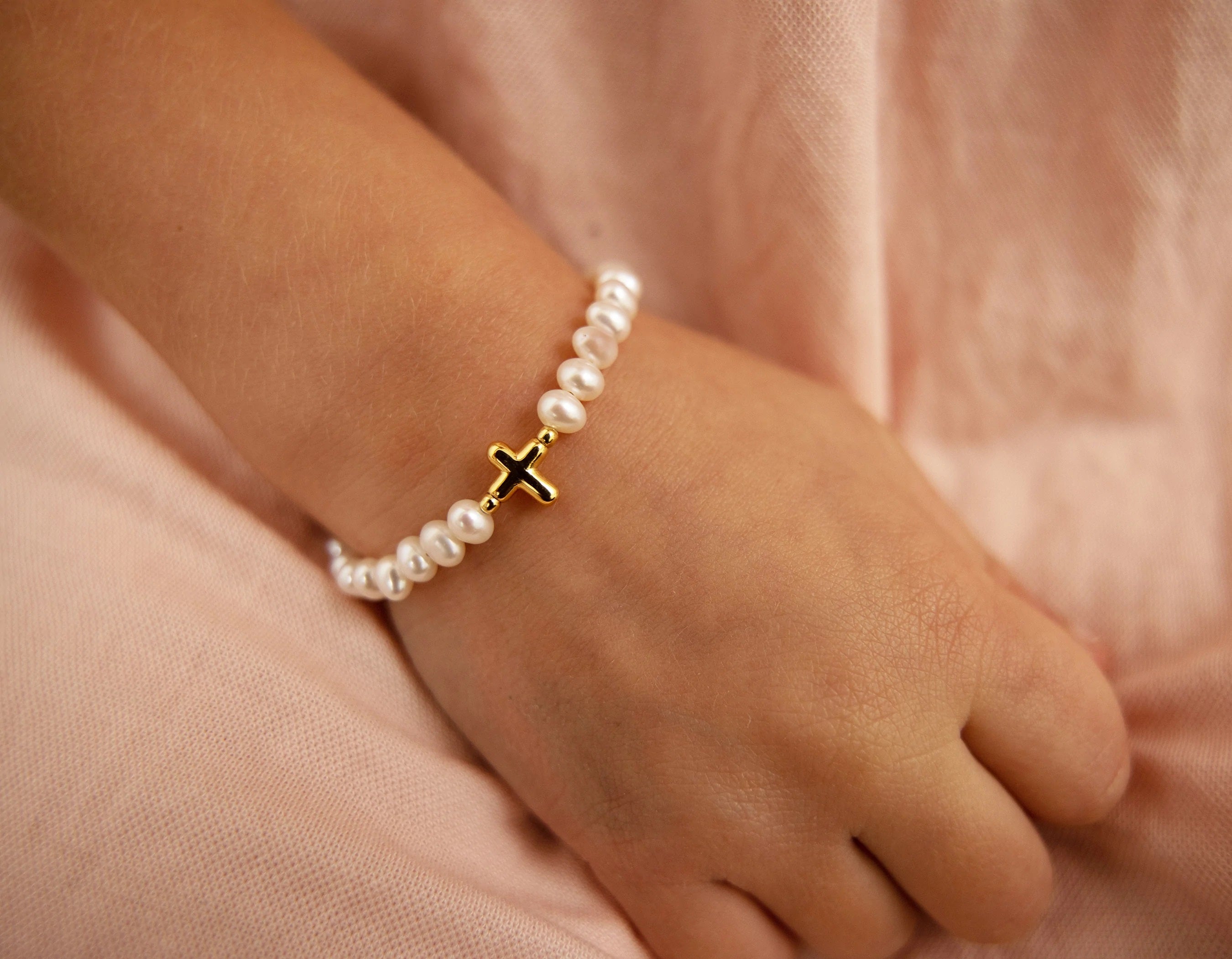 Girl's Freshwater Pearl Cross & Heart Bracelet