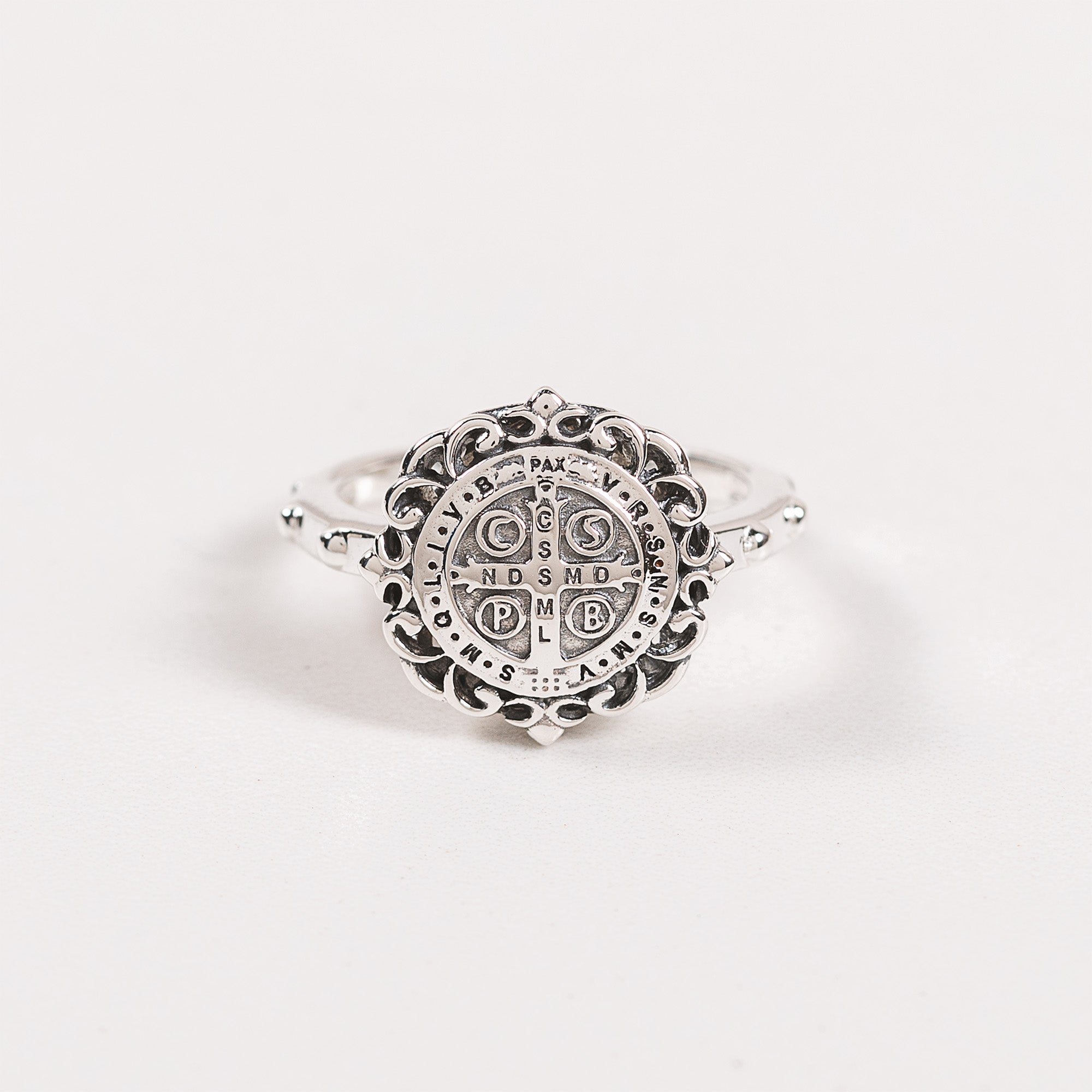 Sterling Silver St. Benedict Filigree Rosary Ring