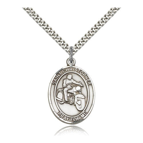Sterling Silver St. Christopher Medal w/ chain - Motorcycle