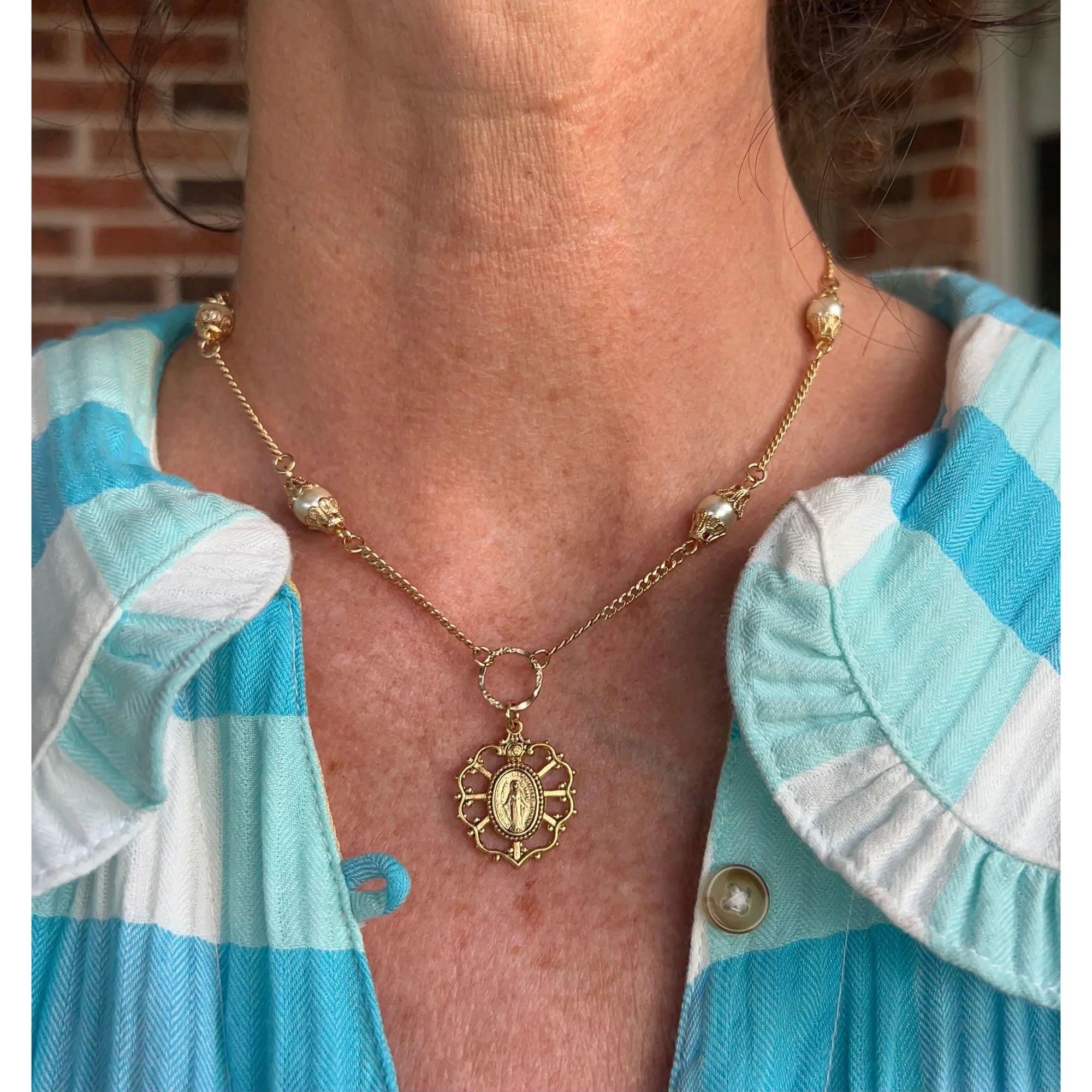 Gold & Pearl 7 Sorrows Miraculous Medal Necklace