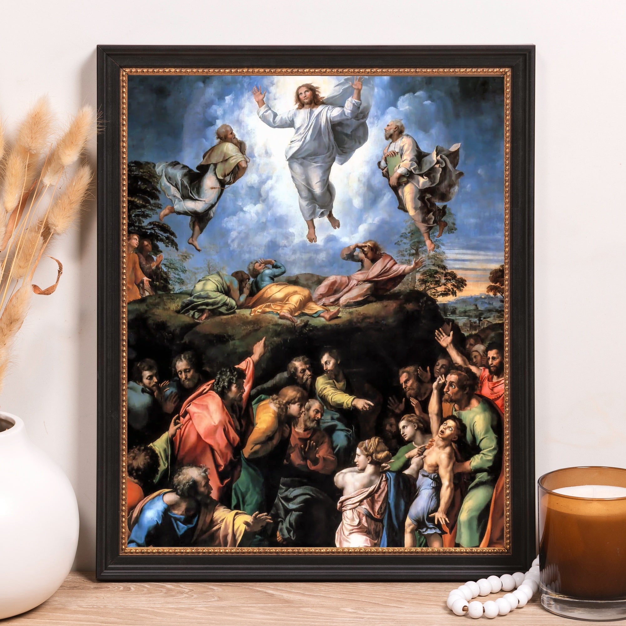Framed Art print of the Transfiguration, black frame with a gold trim.