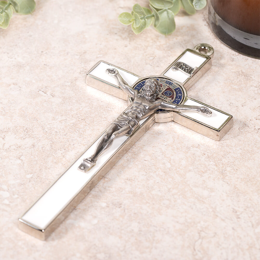 Italian White Enamel St. Benedict Wall Crucifix - 7.75"