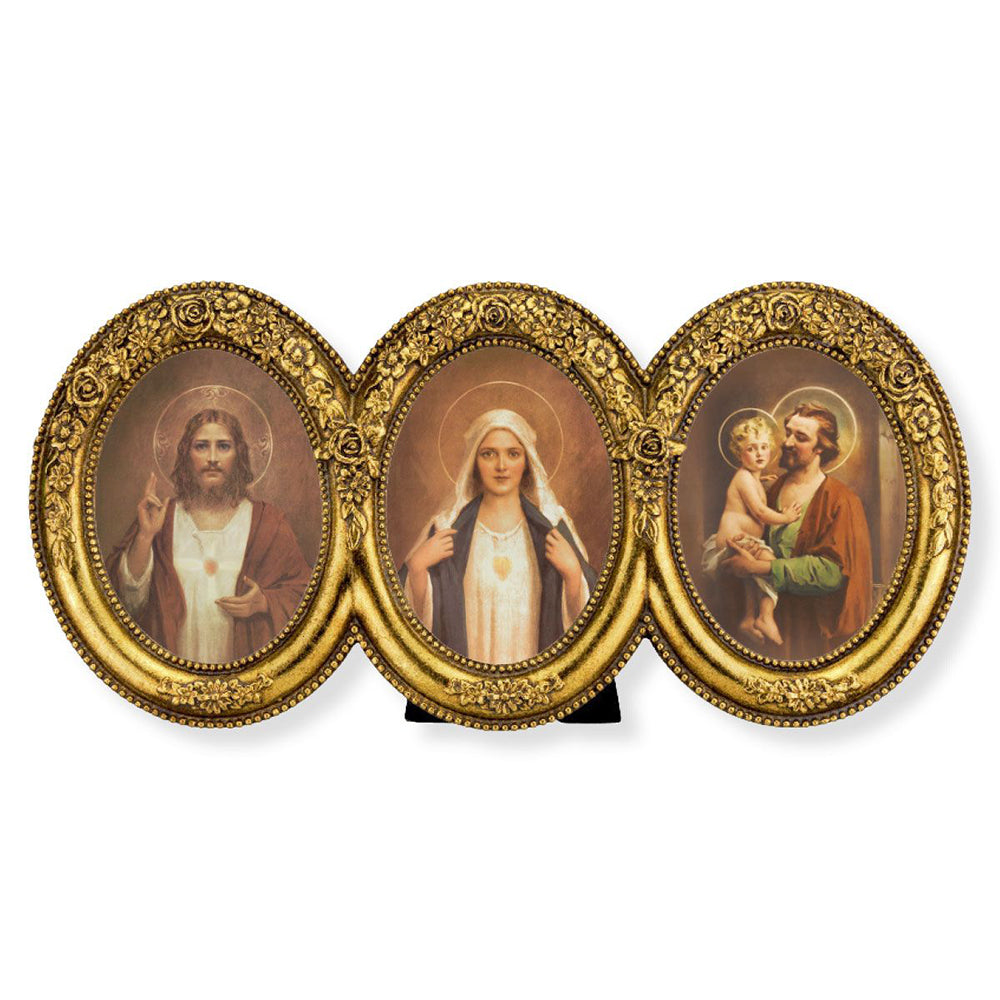 Sacred, Immaculate, & Chaste Hearts Triple Oval Gold Leaf Frame - 9" x 4.5"